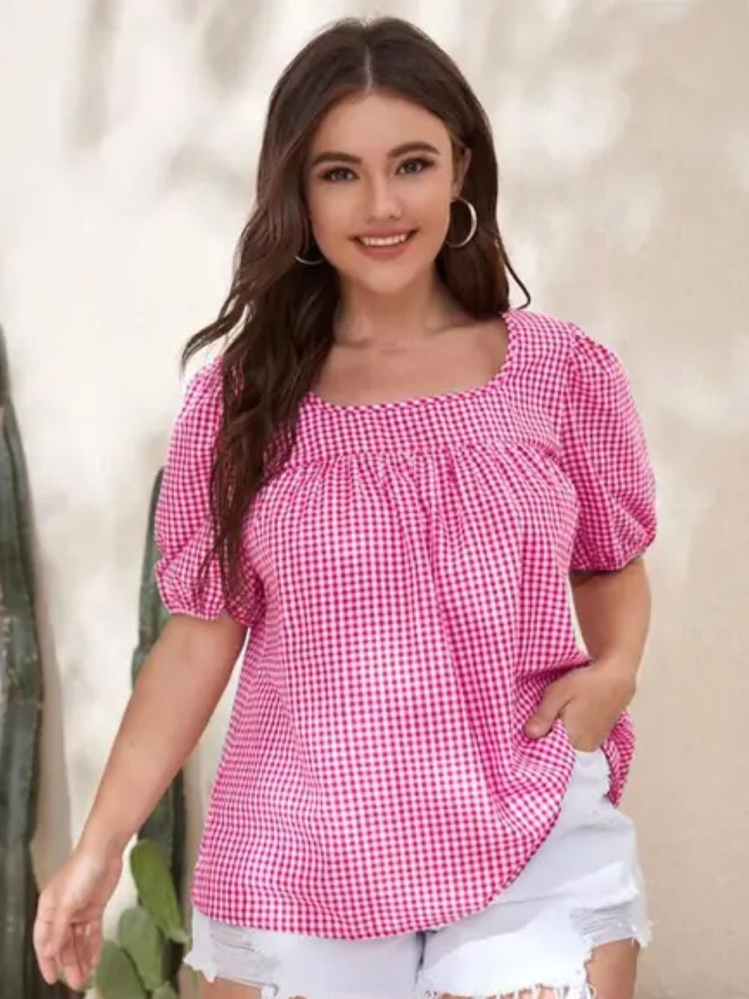 

KPOP Women Checked Round Neck Top, Pink