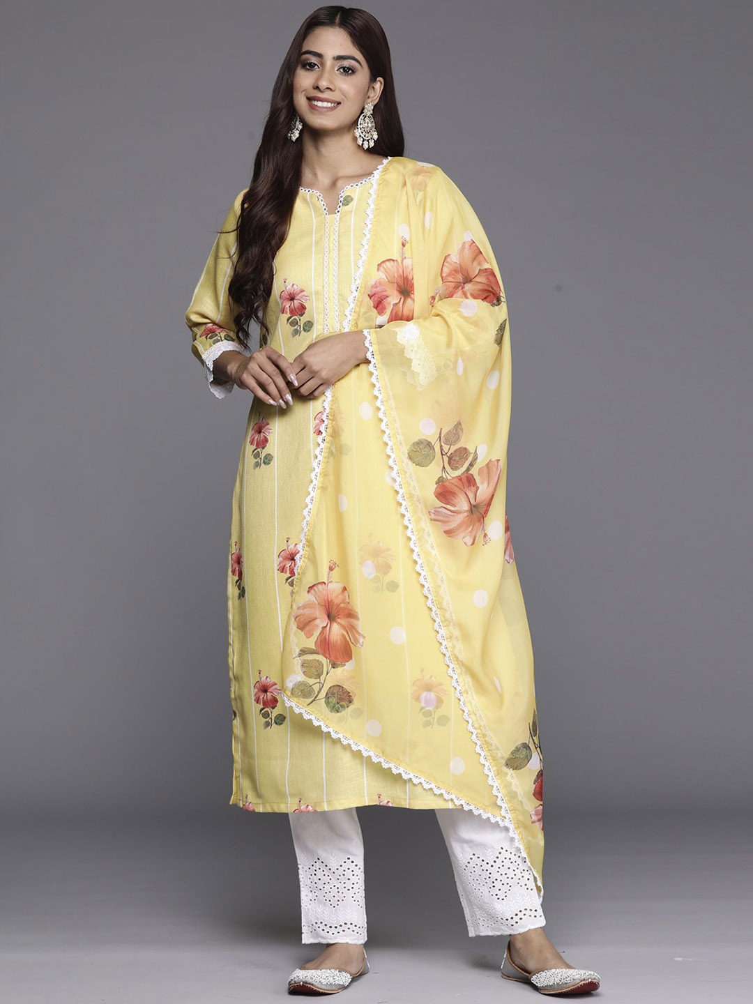 

Anouk Floral Printed Regular Linen Straight Kurta with Trousers & Dupatta, Yellow