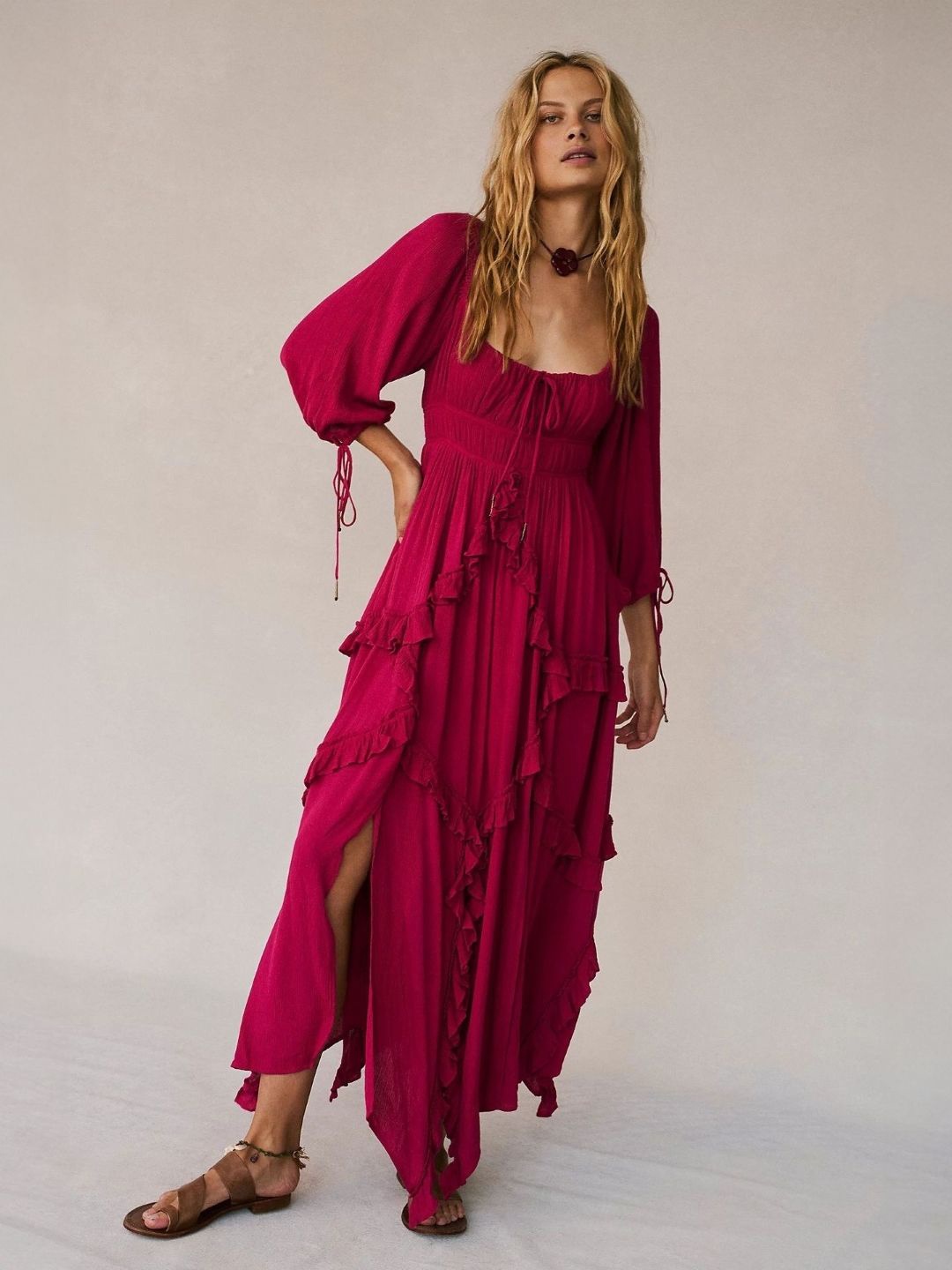 

KPOP Puff Sleeve Fit and Flare Maxi Dress, Burgundy