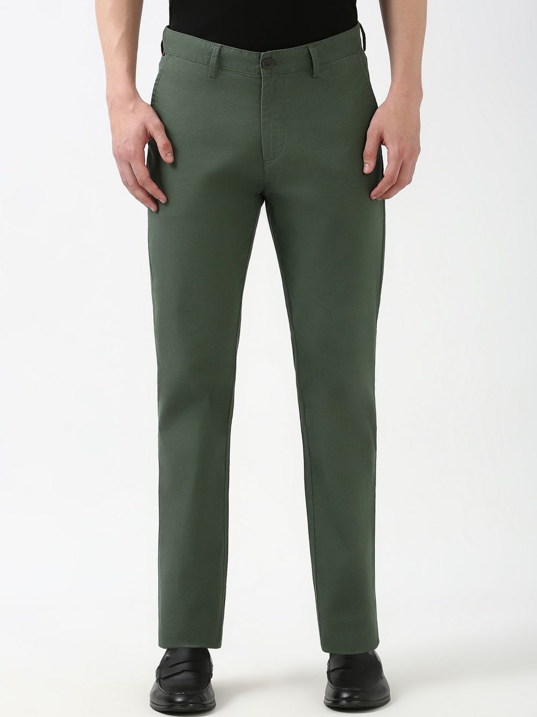 

Peter England Casuals Men Printed Super Slim Fit Trousers, Green