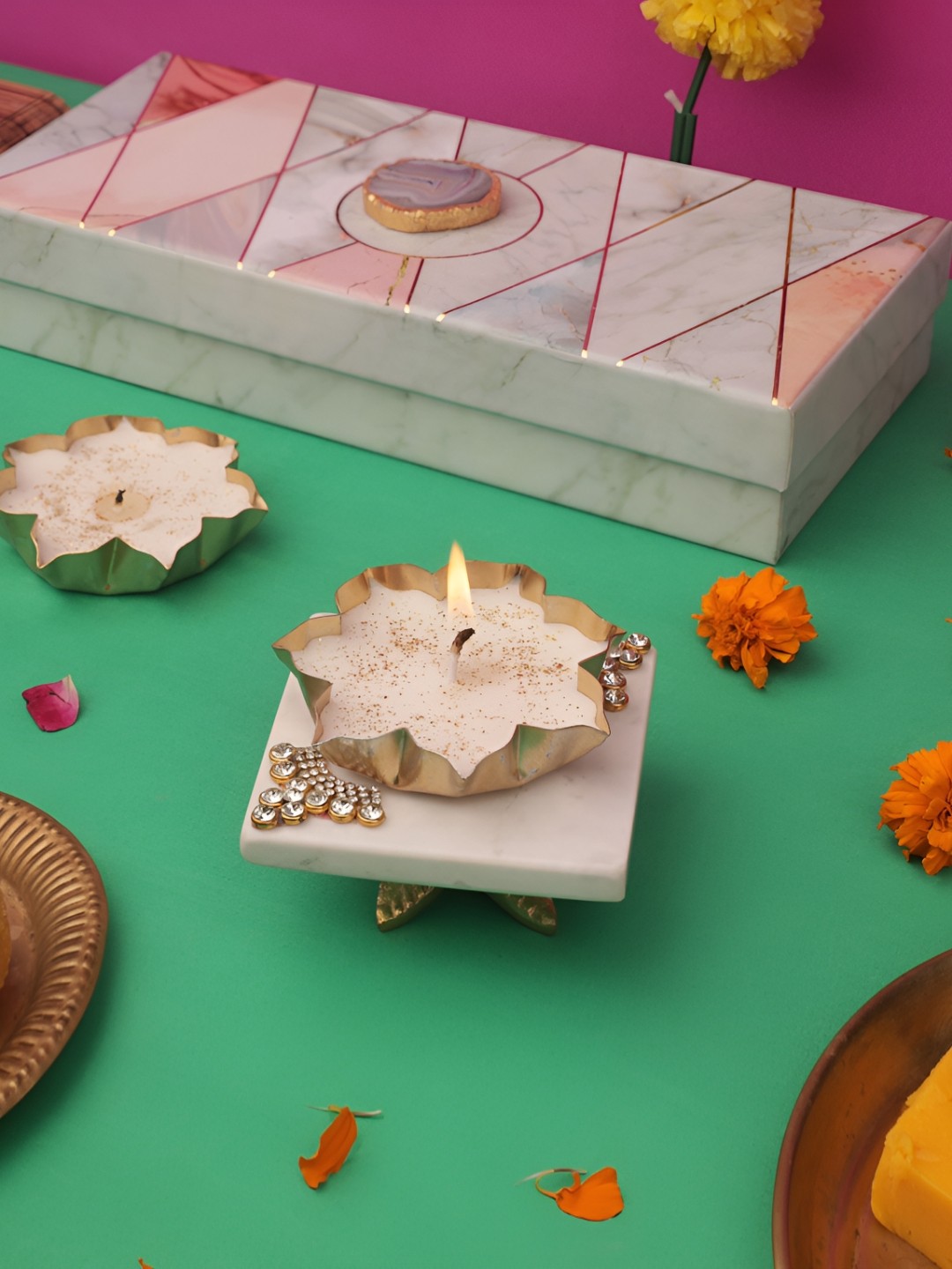 

HOMEARTE White & Gold-Toned 2 Pieces Square Pooja Chowki with Votive Candles