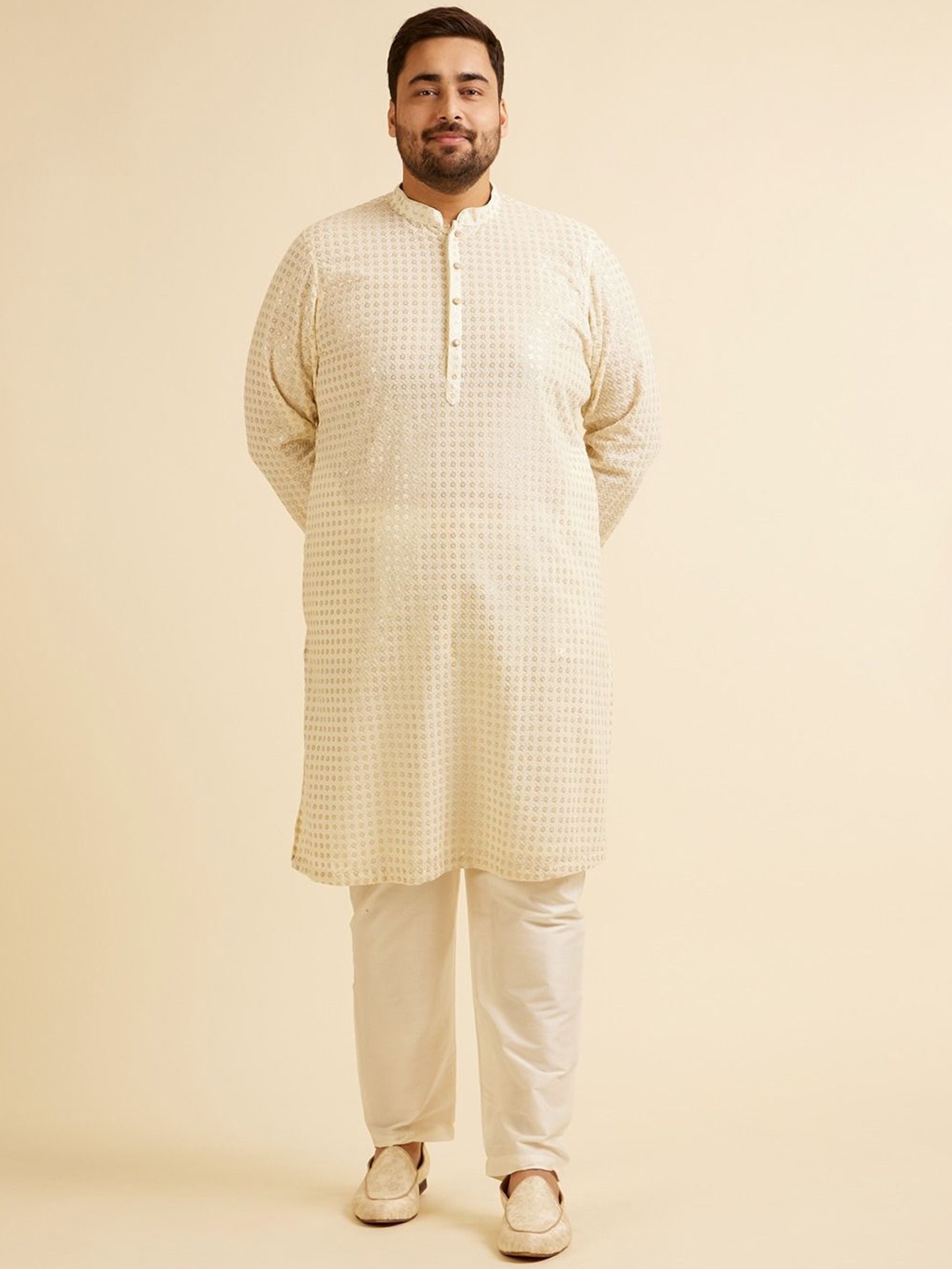 

Manyavar Plus Size Ethnic Motifs Embroidered Sequinned Kurta with Pyjama, Cream