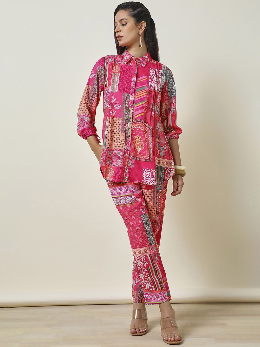 

Soch Floral Printed Shirt Collar Shirt & Trousers, Pink