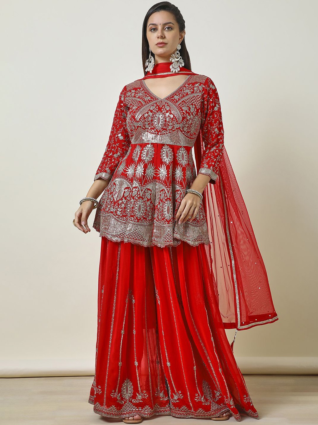 

Soch Ethnic Motifs Embroidered Regular Sequinned Anarkali Kurti with Palazzos & Dupatta, Red