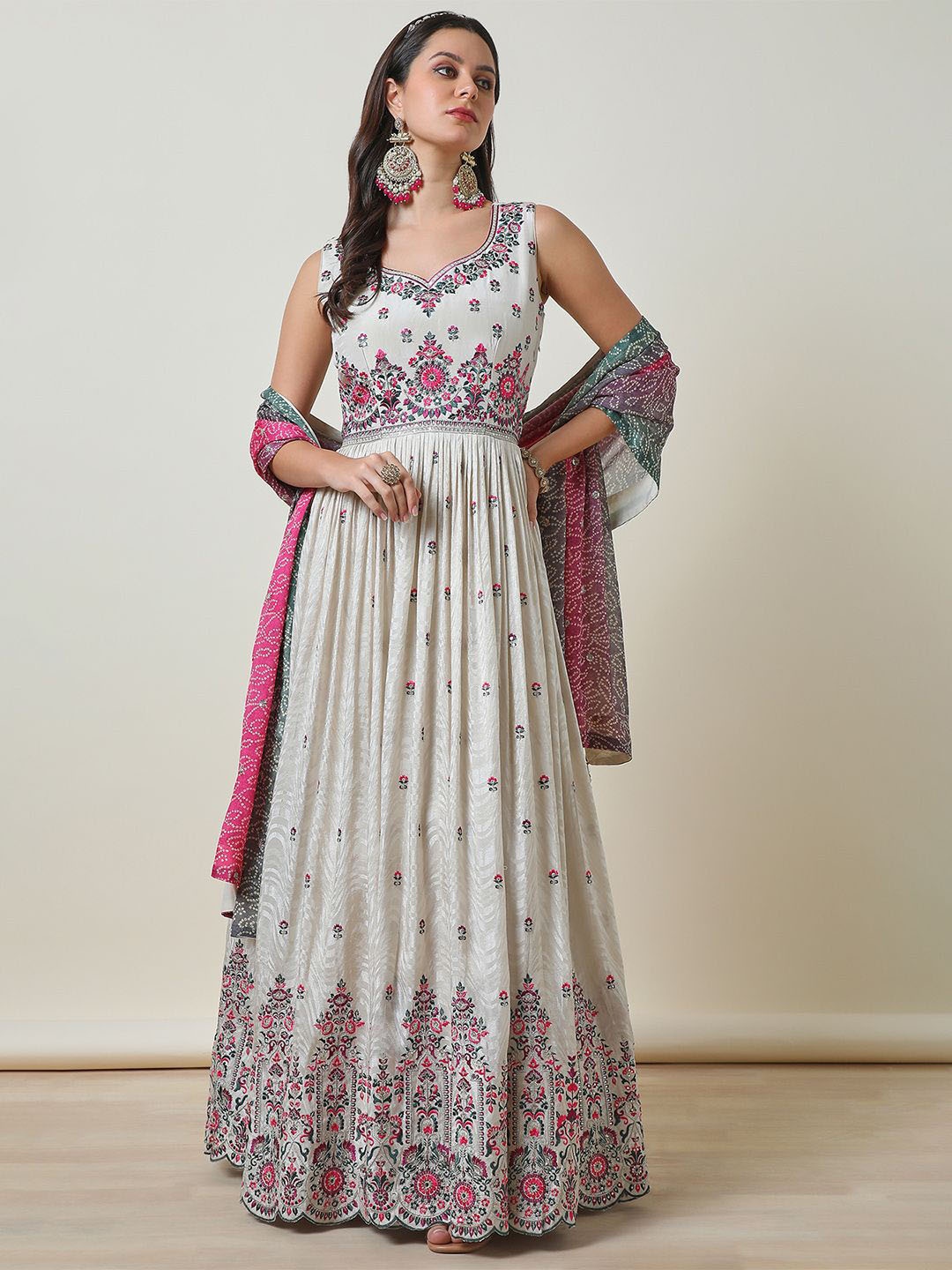 

Soch Floral Embroidered Pleated Thread Work Anarkali Kurta with Churidar & Dupatta, Off white