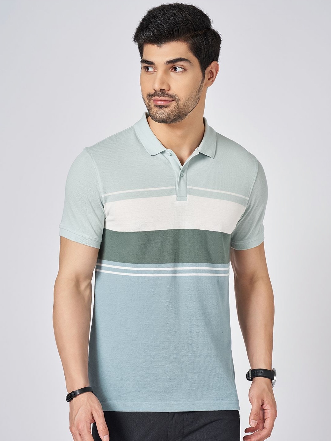 

BYFORD by Pantaloons Men Striped Polo Collar Cotton Slim Fit T-shirt, Green