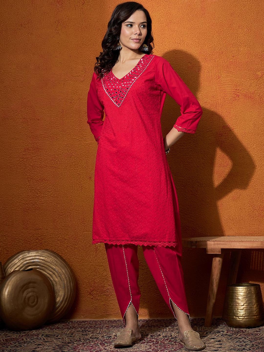 

Anouk Red Floral Embroidered V-Neck Mirror Work Pure Cotton Straight Kurta & Dhoti Pant