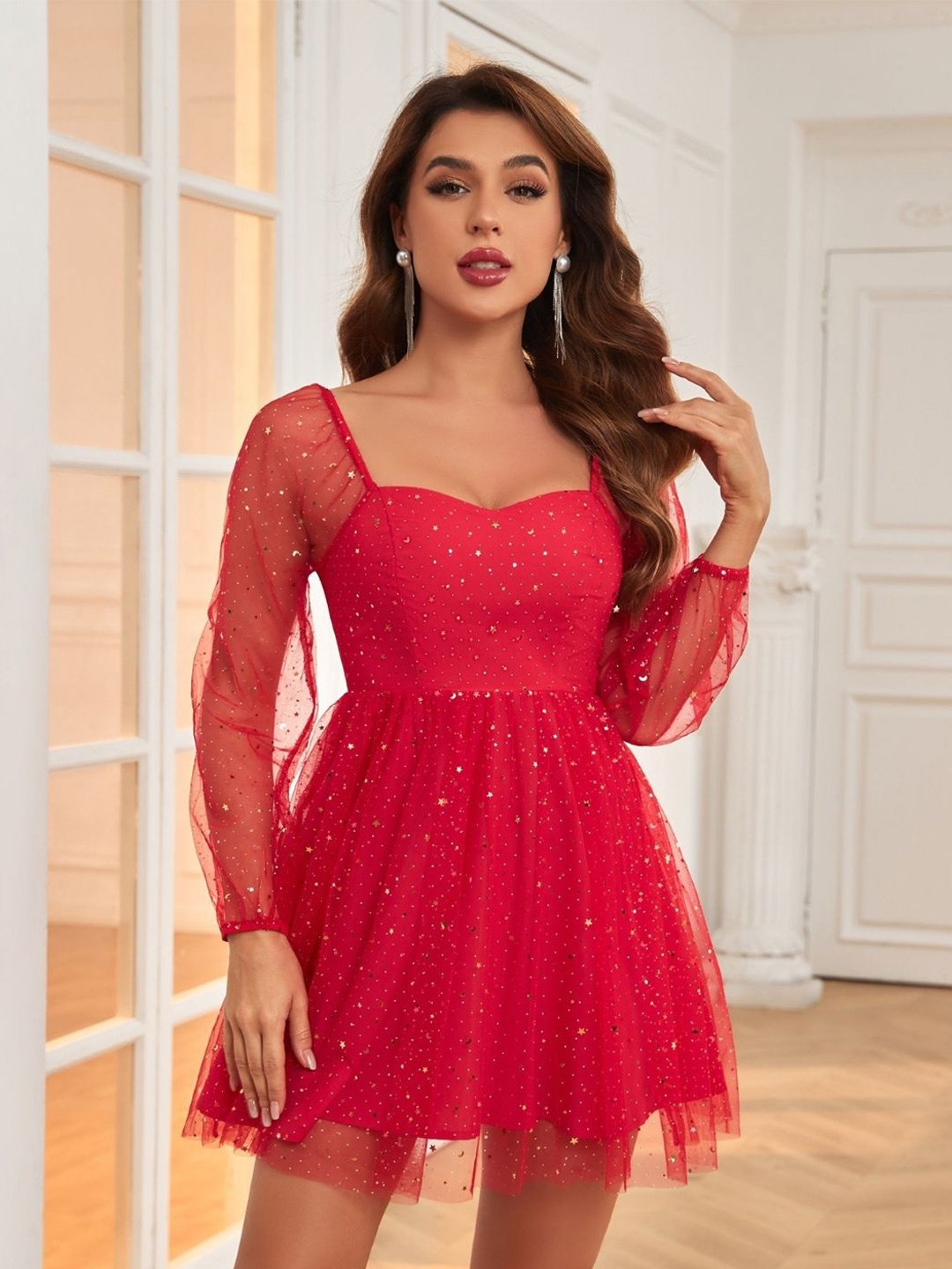 

KPOP Square Neck Fit and Flare Dress, Red