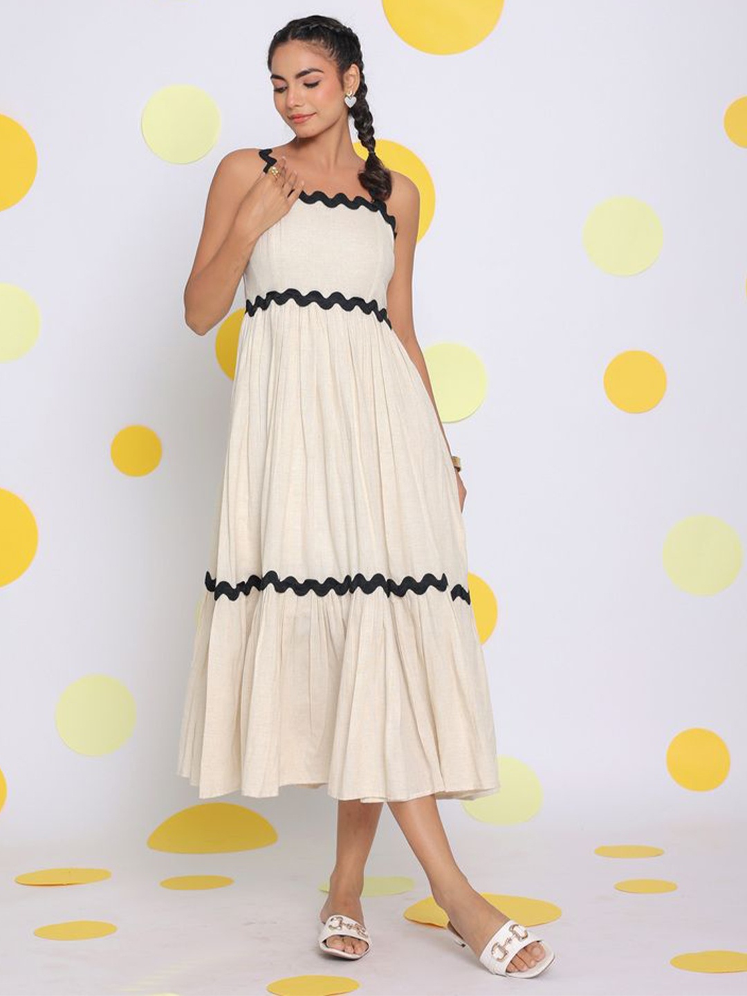 

KAORI BY SHREYA AGARWAL Women's Shoulder Straps Fit & Flare Midi Dress, Off white
