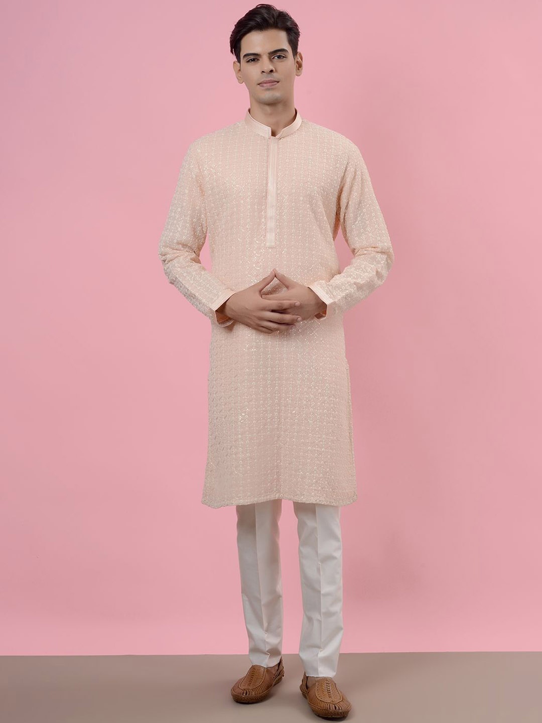 

azania Floral Embroidered Sequinned Mandarin Collar Georgette Straight Kurta with Pyjamas, Peach