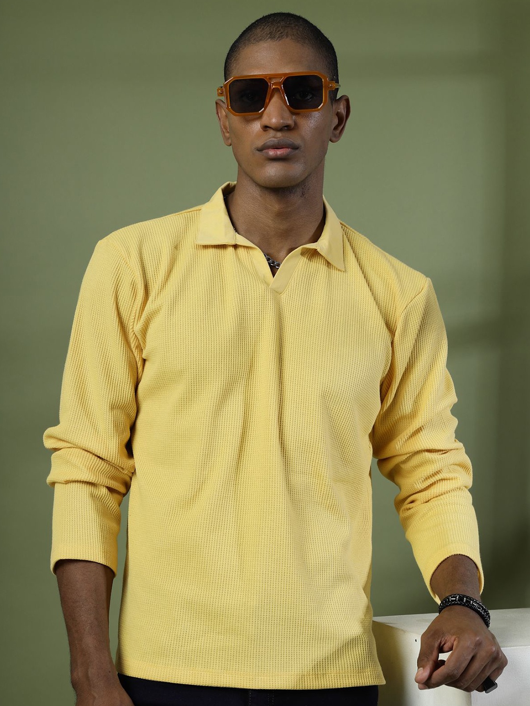 

Rigo Men Solid Polo Collar Cotton Oversized T-shirt, Yellow