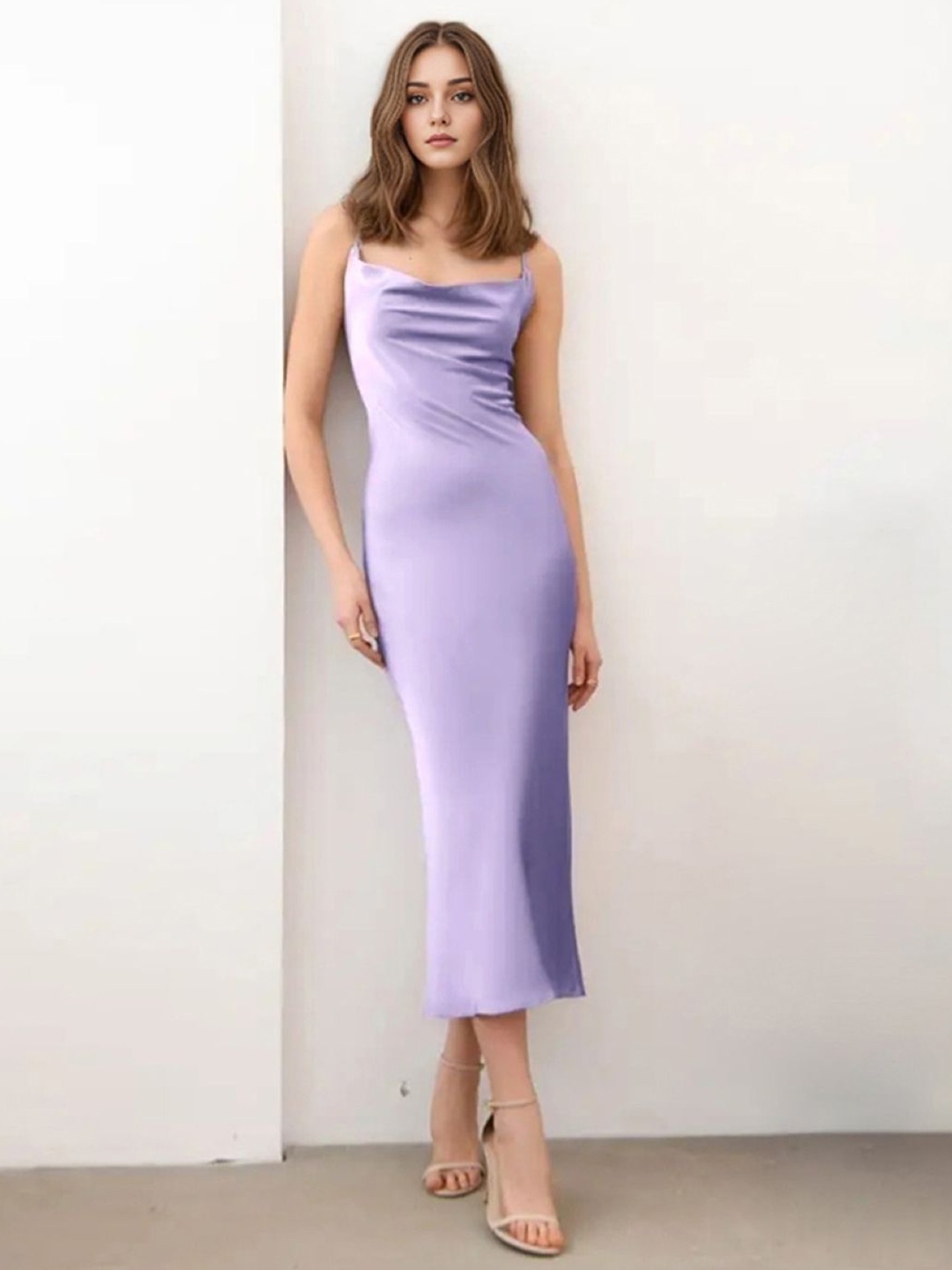 

KPOP Shoulder Straps Cowl Neck Sheath Midi Dress, Purple