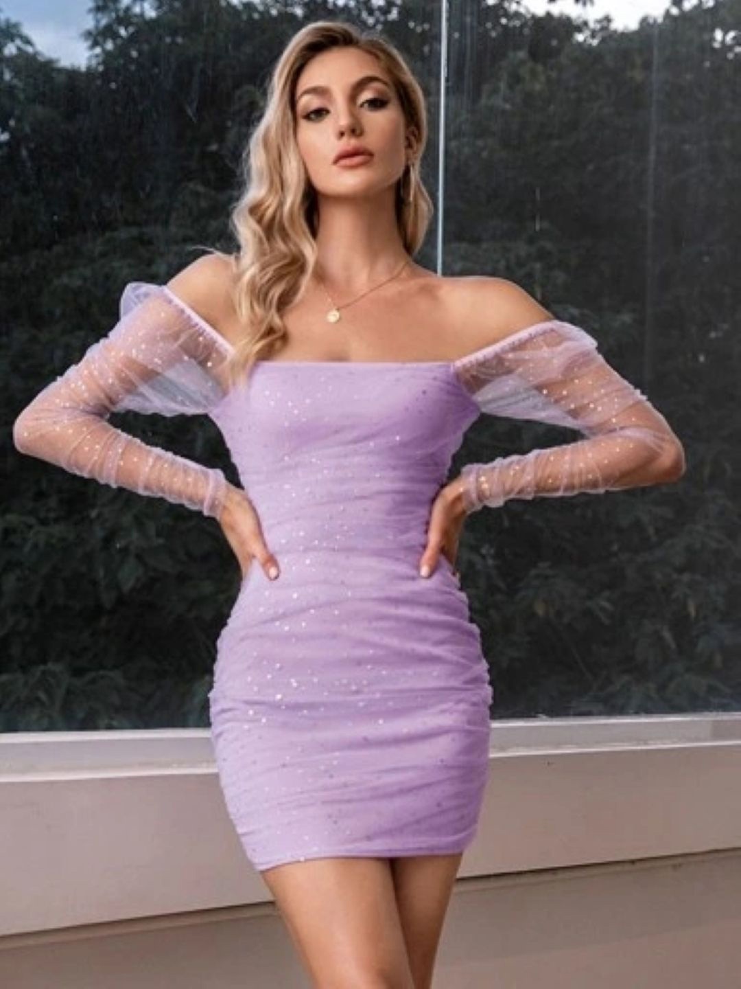 

KPOP Women Solid Off-Shoulder Bodycon Dress, Purple