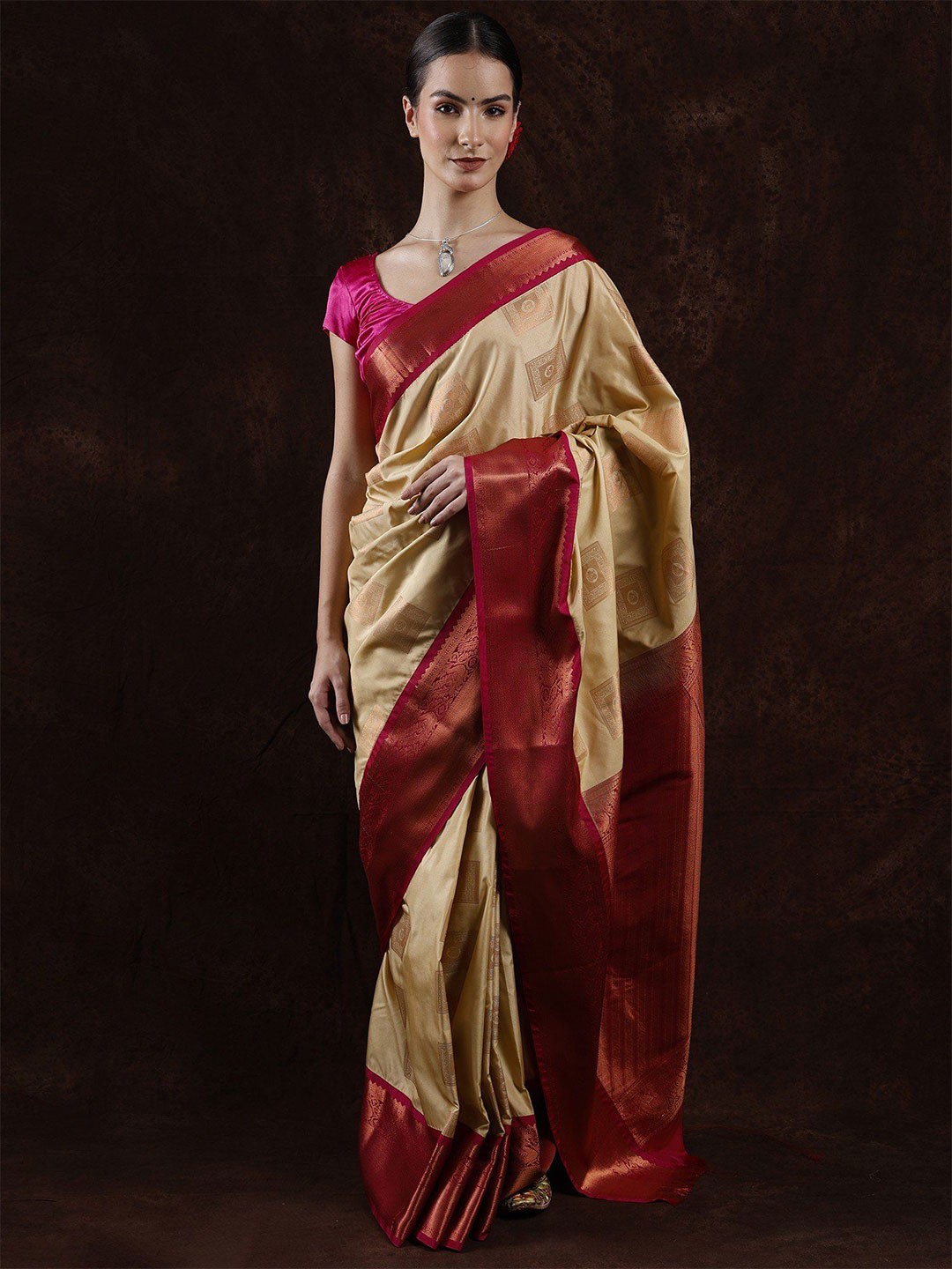 

Exotic India Woven Design Zari Art Silk Kanjeevaram Saree, Beige