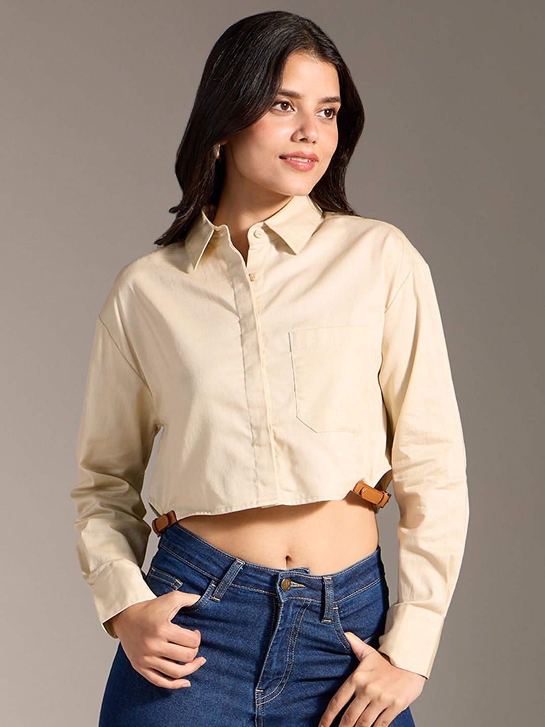 

20Dresses Women Spread Collar Solid Cotton Casual Shirt, Cream