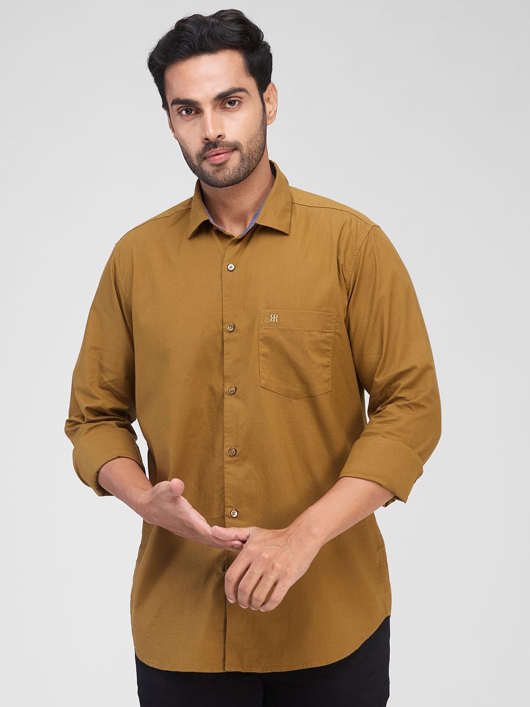 

Raymond Men Contemporary Spread Collar Solid Cotton Casual Shirt, Brown