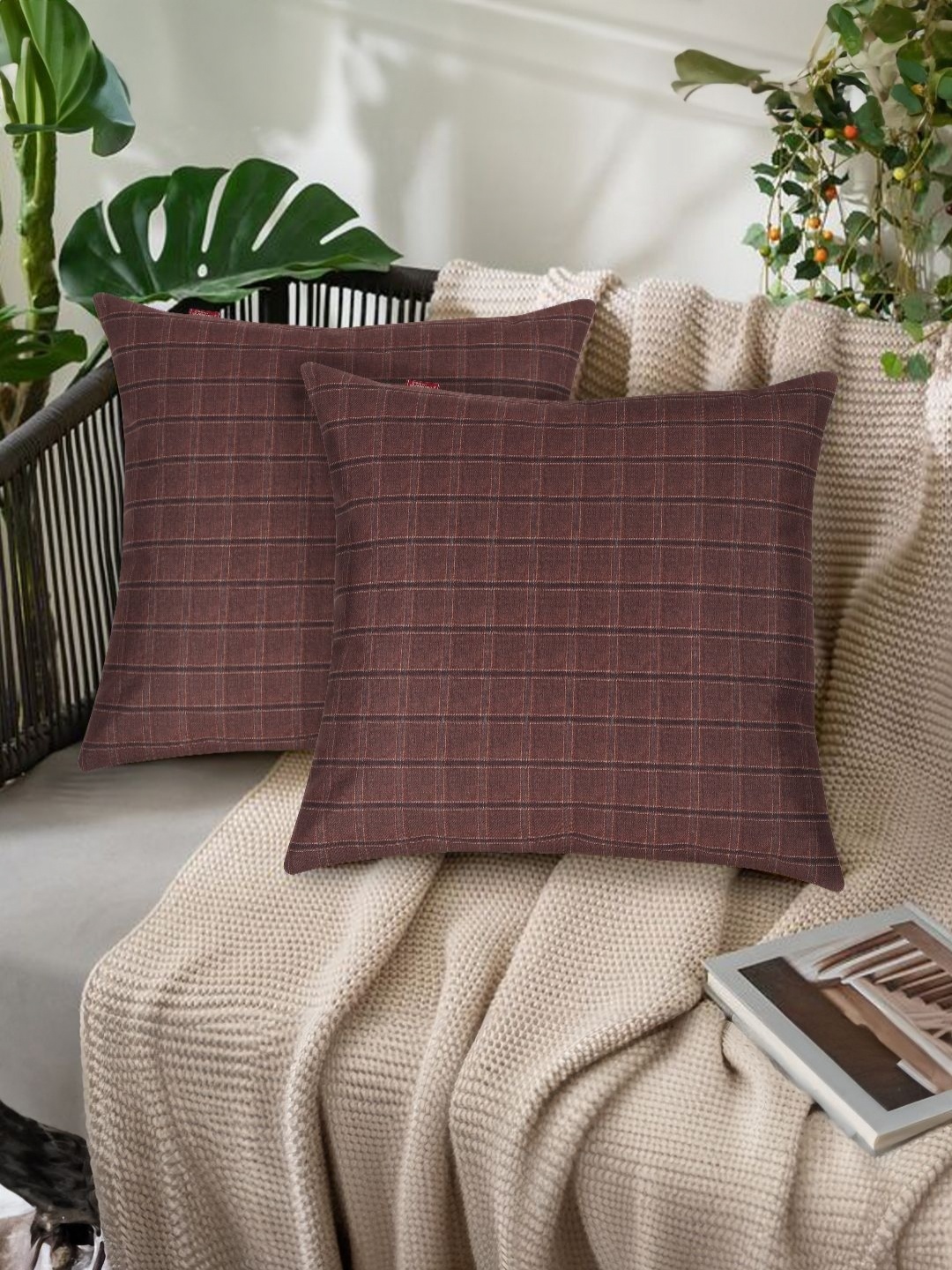 

Tesmare Brown 2 Pieces Checked Velvet Square Cushion Covers