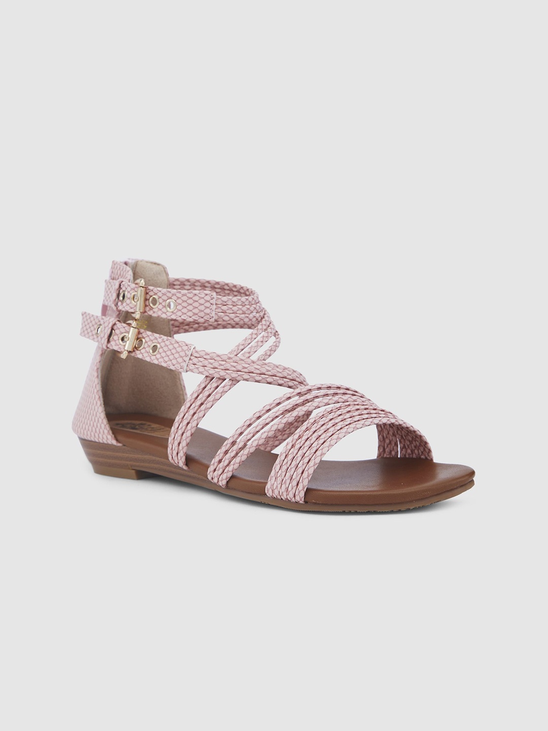 

Sole To Soul Women Striped Open Toe Gladiators with Buckles Flats, Pink