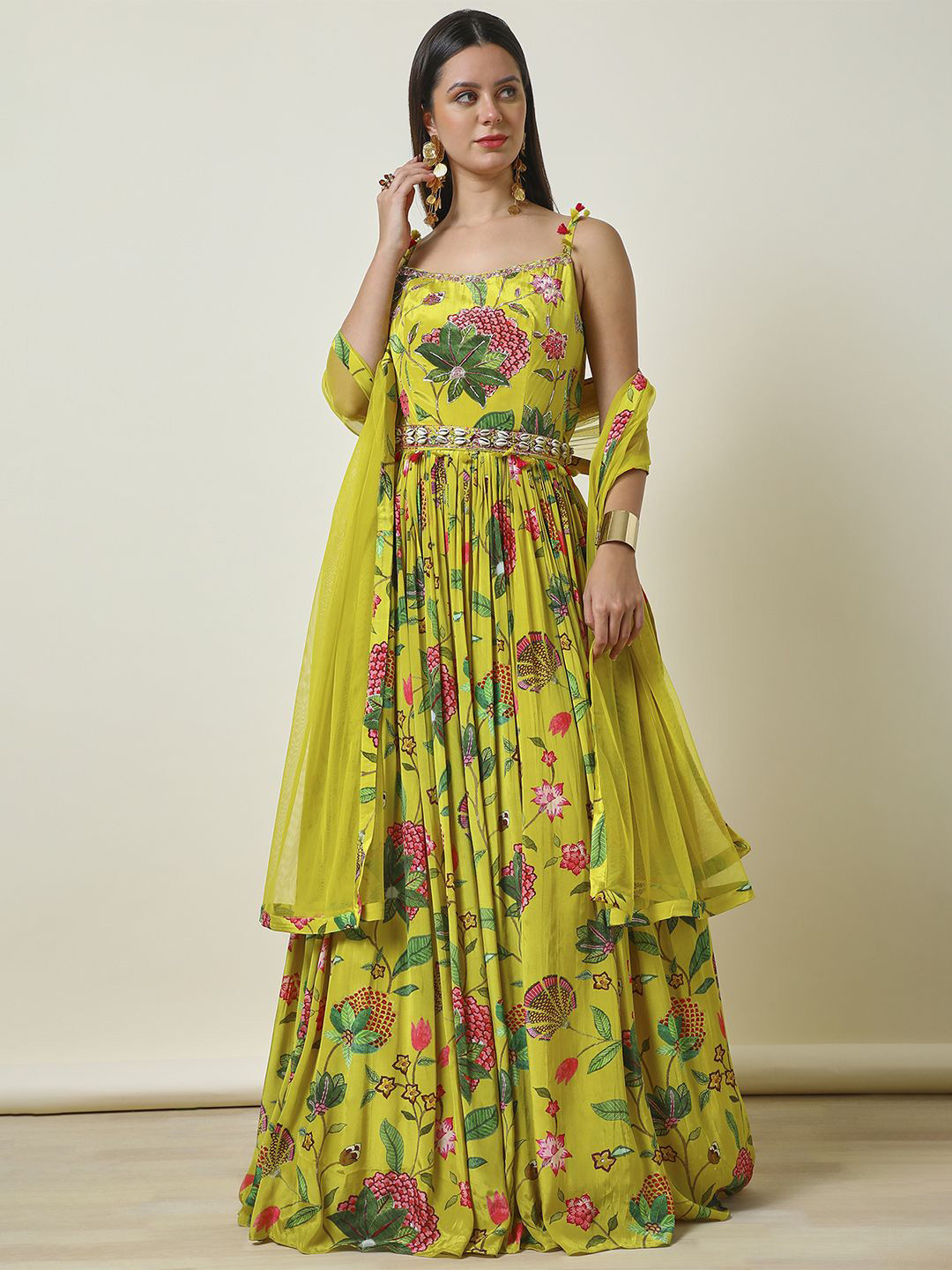 

Soch Women Floral Printed Sequinned Anarkali Ethnic Dress, Lime green