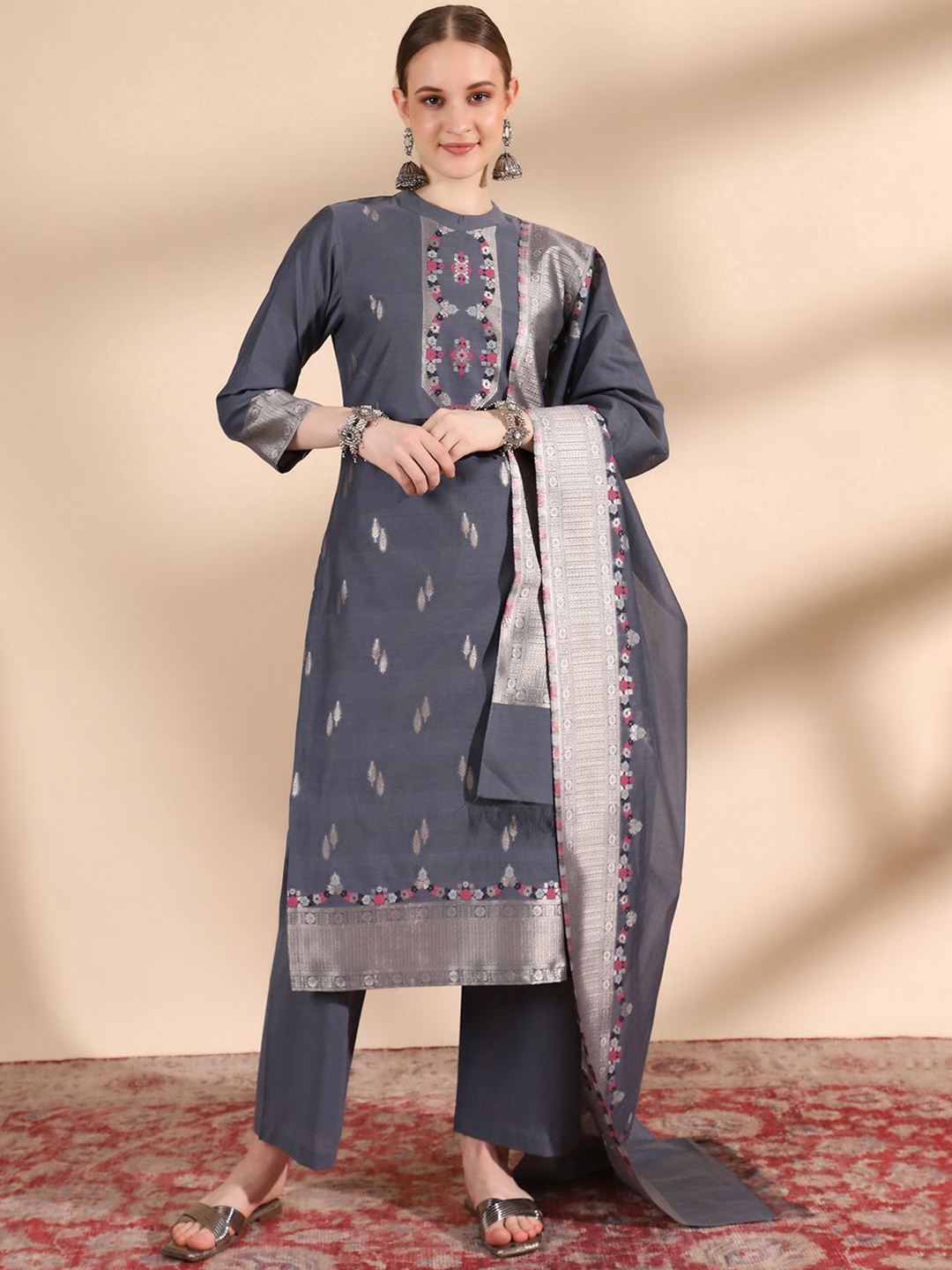 

KIDAR Floral Zari Woven Design Jacquard Straight Kurta With Trousers & Dupatta, Grey