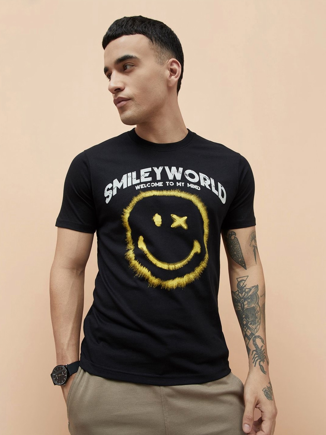 

SmileyWorld Men Graphic Printed Round Neck Cotton T-shirt, Black