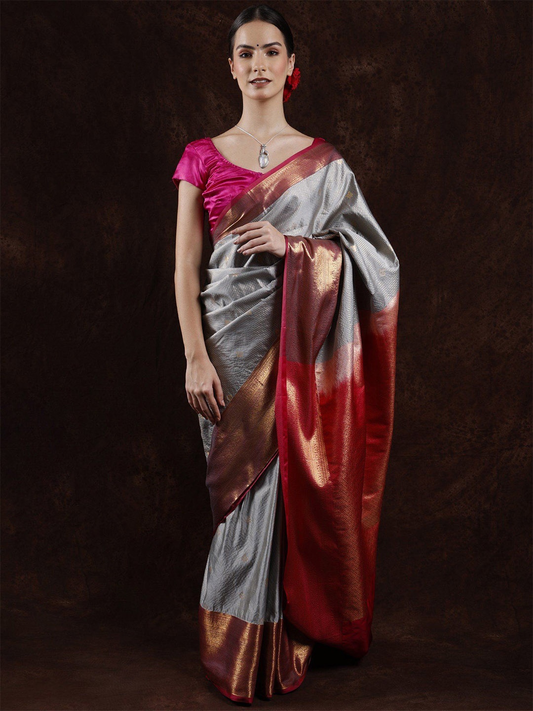 

Exotic India Woven Design Zari Kanjeevaram Saree, Grey