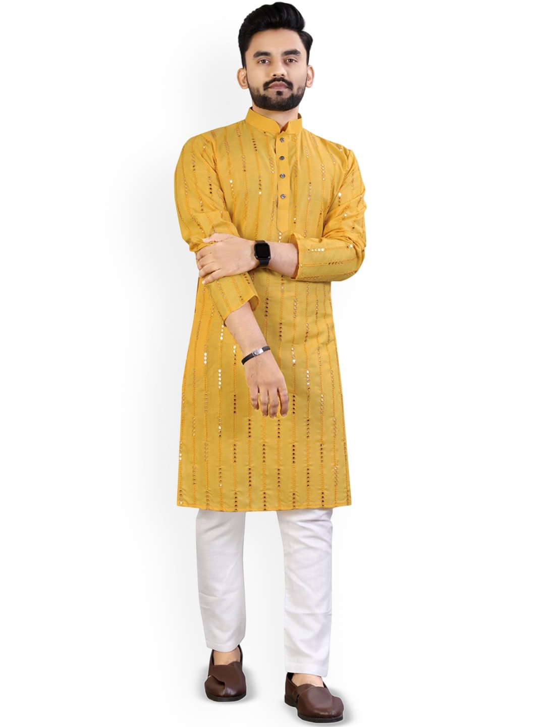 

CHARLOTTE GRACIOUS Striped Mirror Work Mandarin Collar Cotton Silk Straight Kurta, Yellow