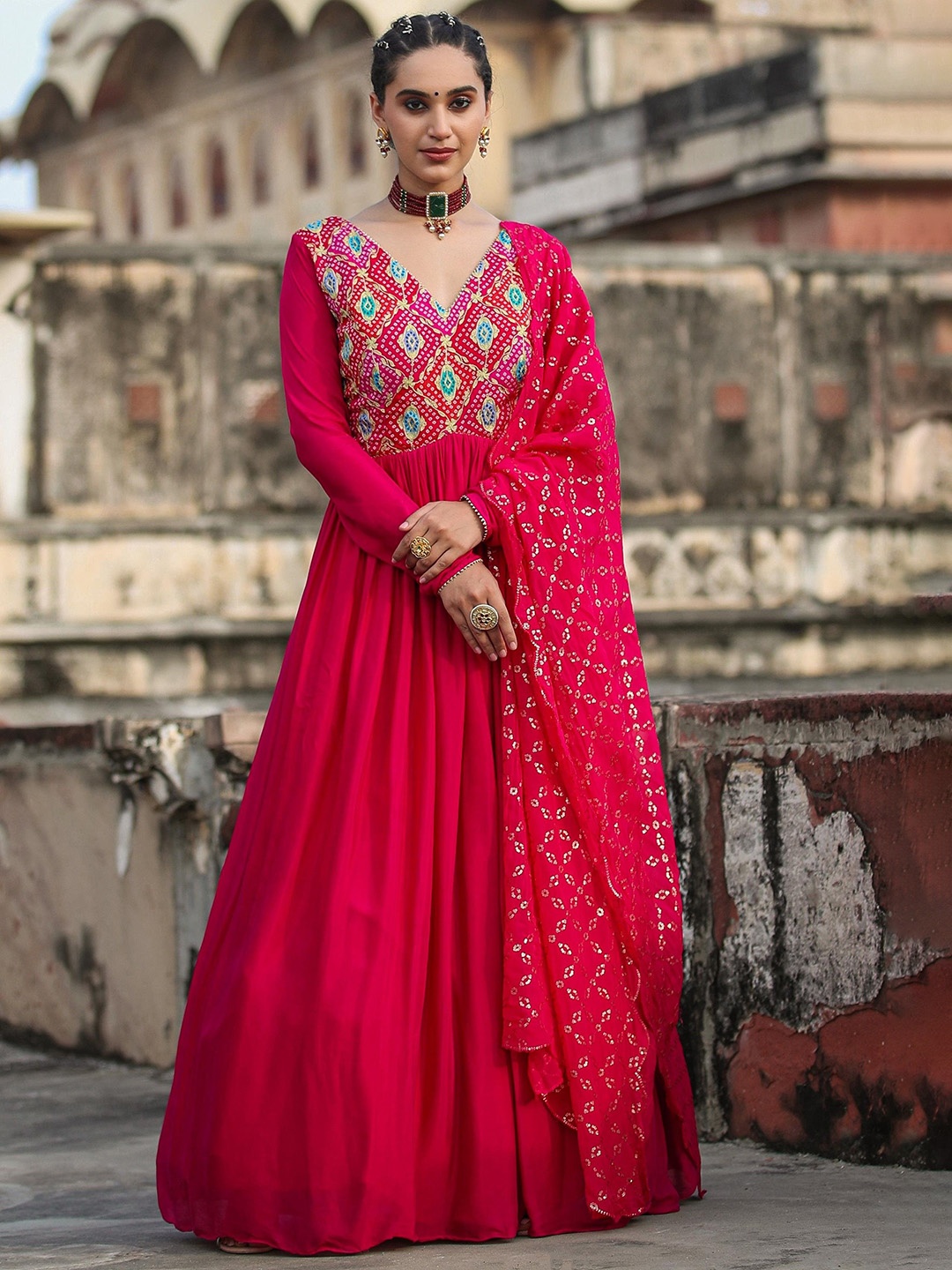 

SCAKHI Embroidered Silk Solid & Bandhani Gown Ethnic Dresses With Dupatta, Pink