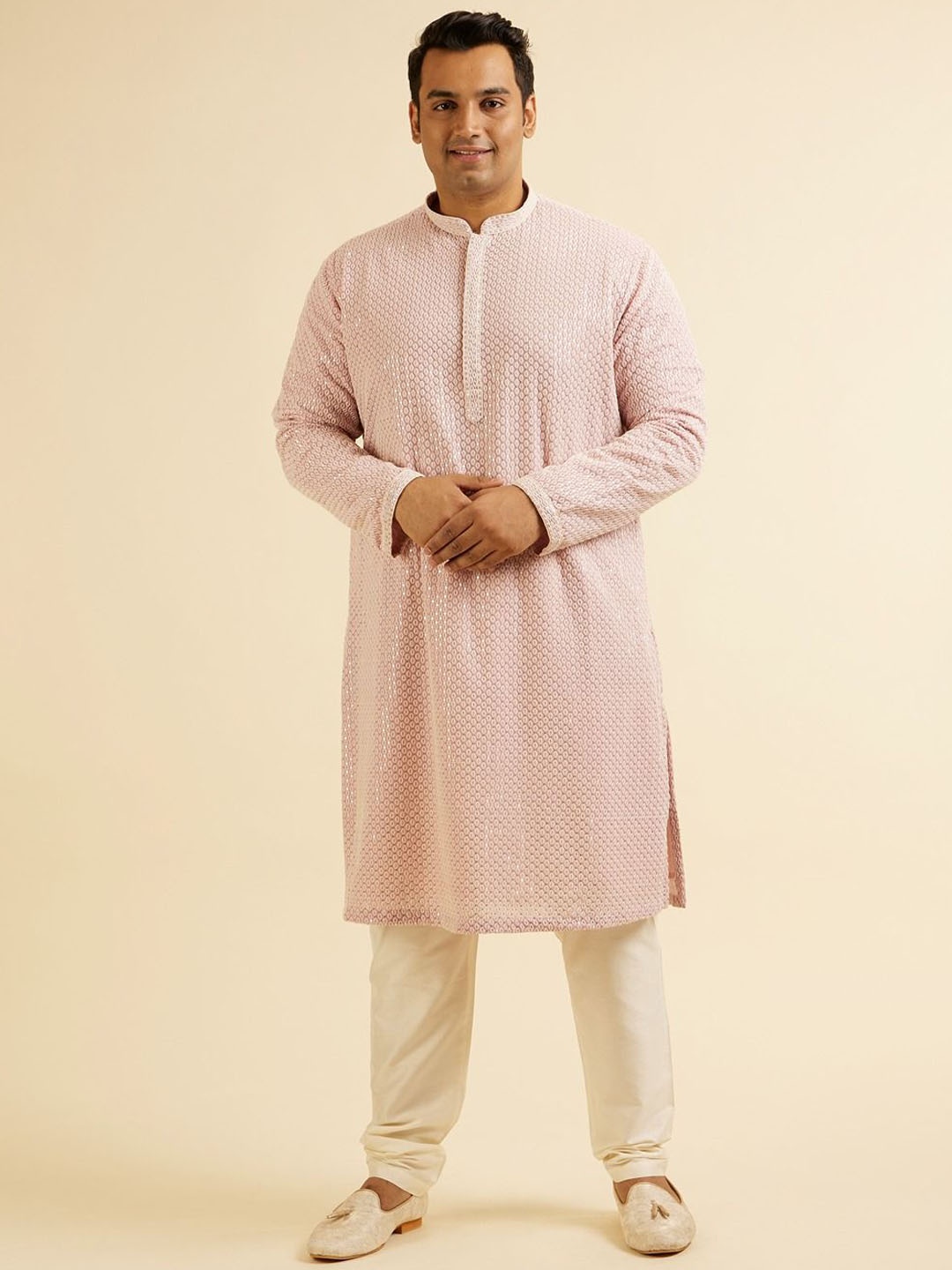 

Manyavar Plus Size Geometric Embroidered Sequinned Georgette Straight Kurta With Pyjama, Purple