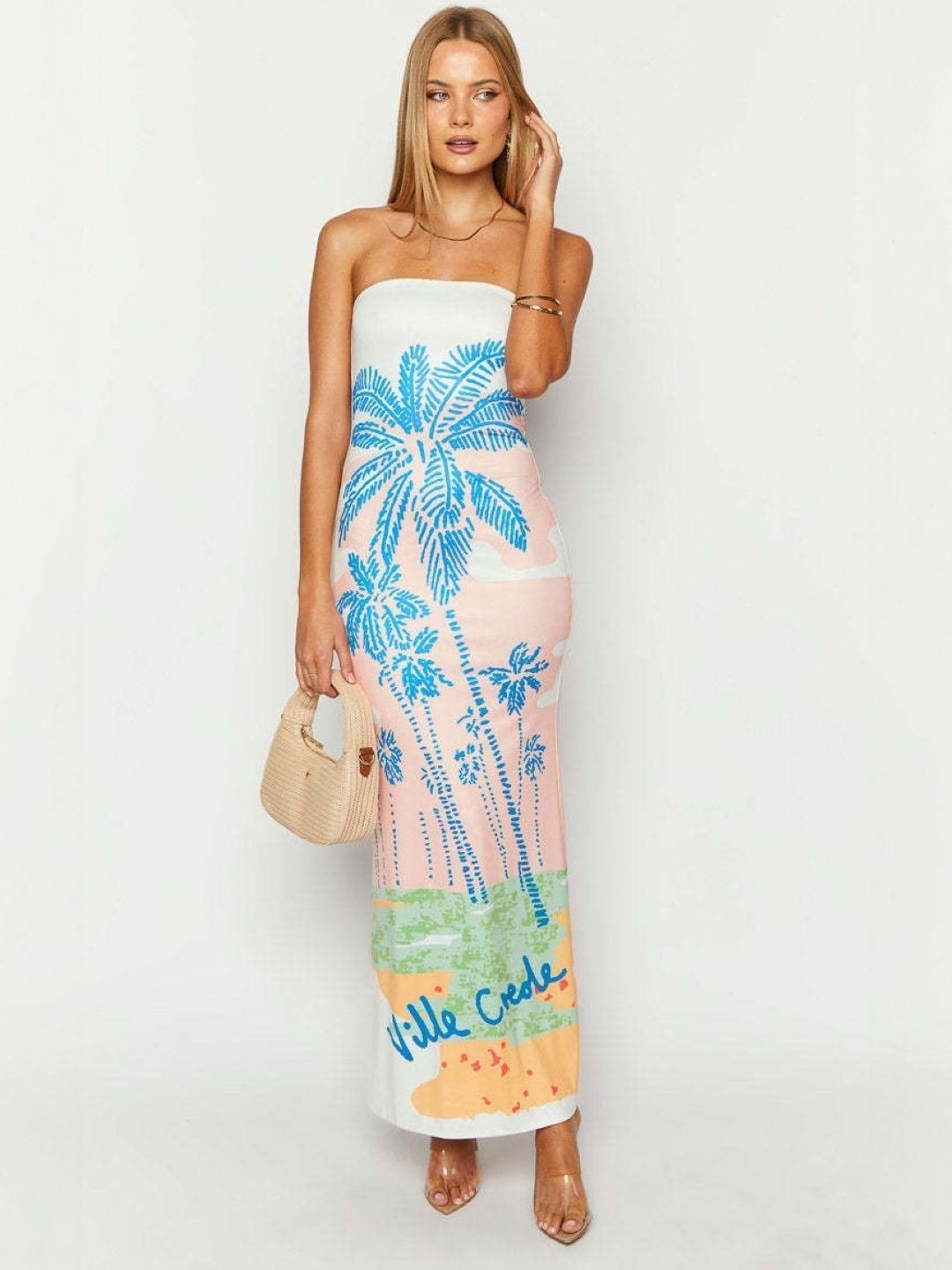 

KPOP Tropical Printed Off-Shoulder Bodycon Maxi Dress, Pink