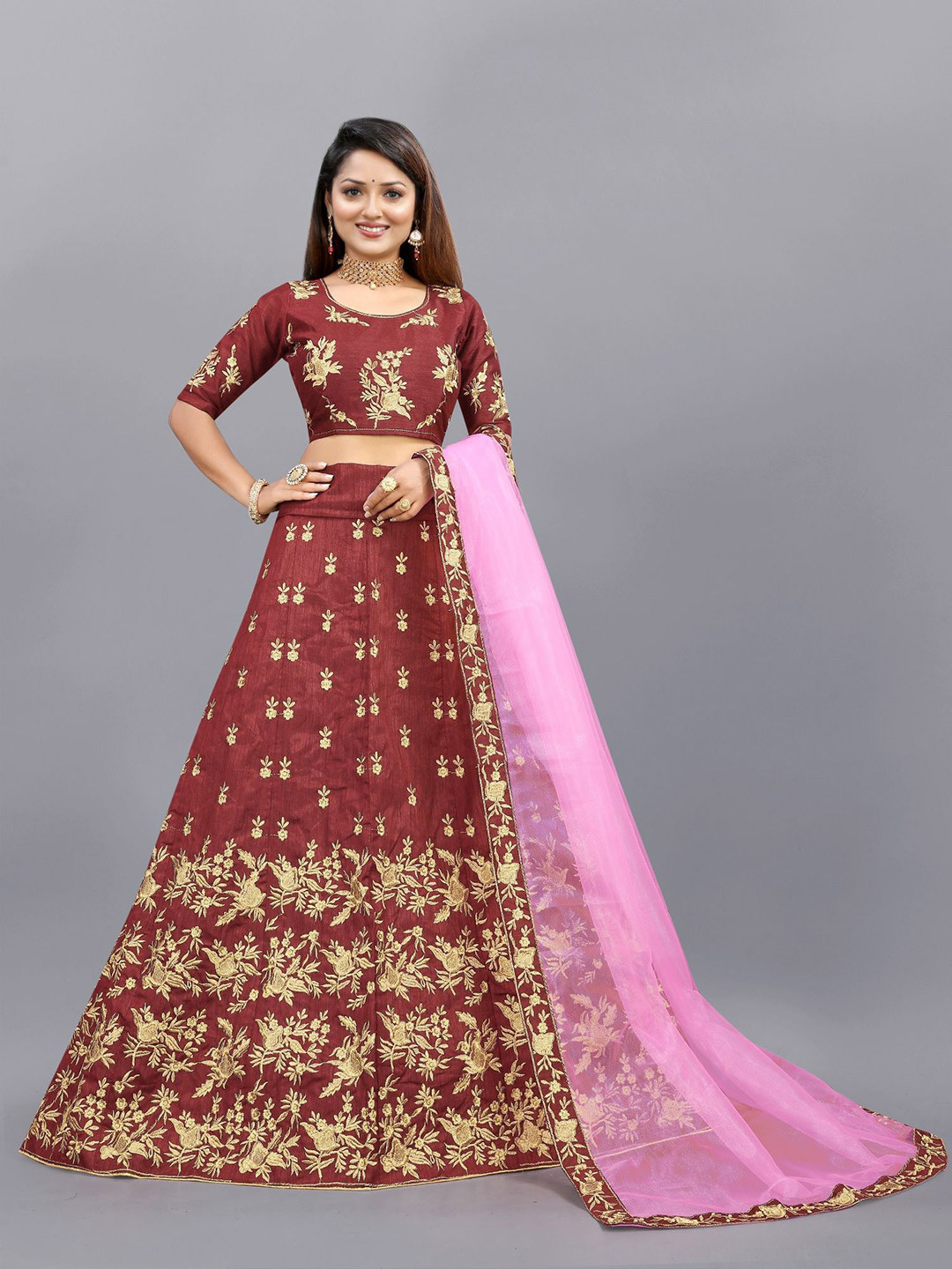 

Aika Embroidered Thread Work Semi-Stitched Lehenga & Unstitched Blouse With Dupatta, Maroon