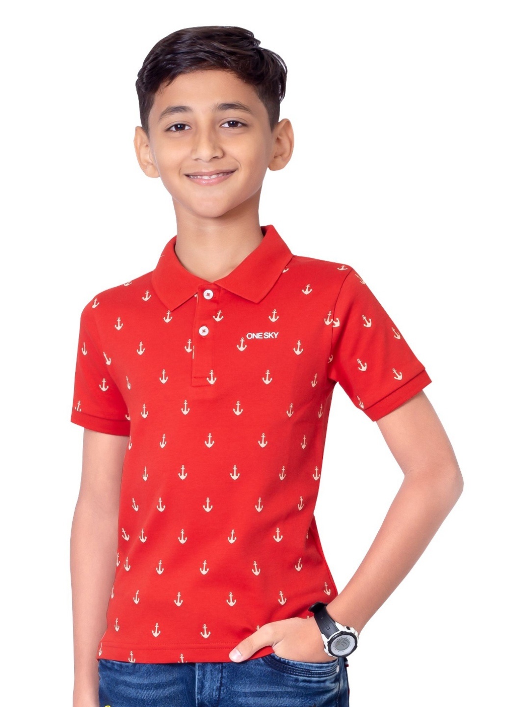 

ONE SKY Boys Conversational Printed Polo Collar Cotton T-shirt, Red