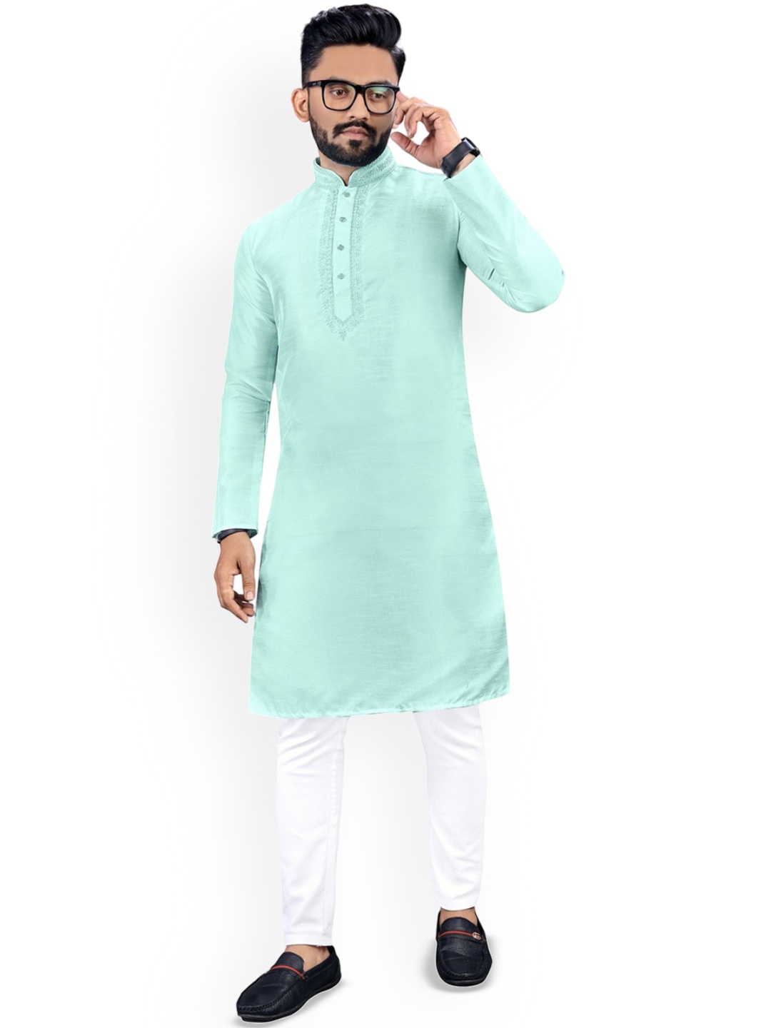 

CHARLOTTE GRACIOUS Thread Work Mandarin Collar Cotton Silk Straight Kurta, Lime green