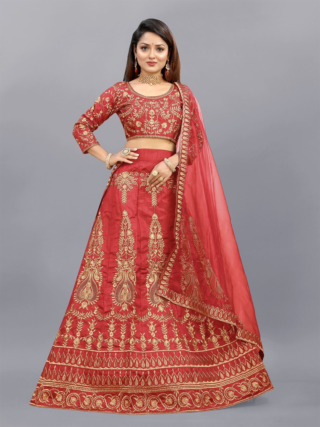

Aika Embroidered Thread Work Semi-Stitched Lehenga & Unstitched Blouse With Dupatta, Red