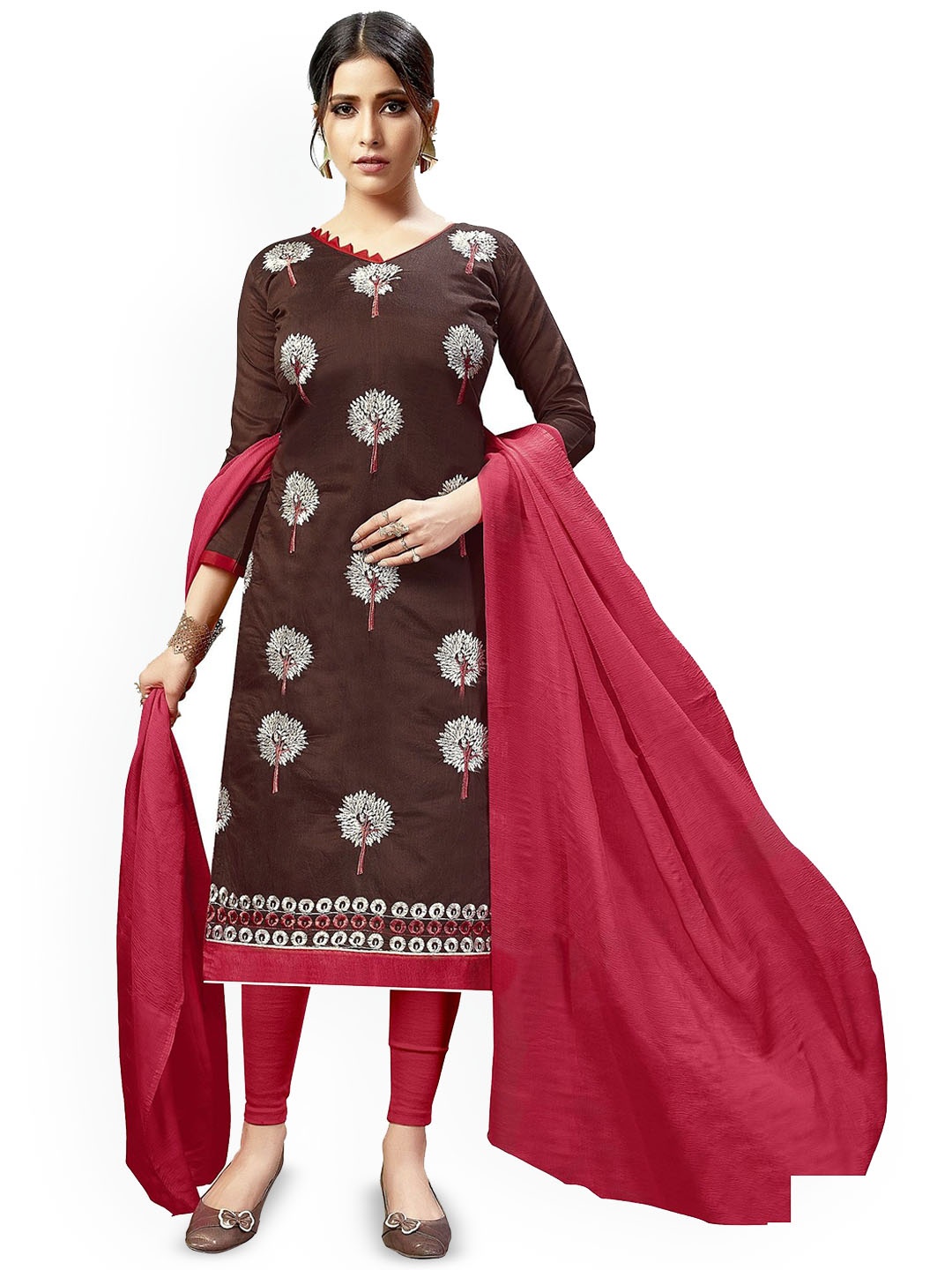 

LADY SHOPI Floral Embroidered Thread Cotton Chanderi Cotton Unstitched Dress Material, Brown