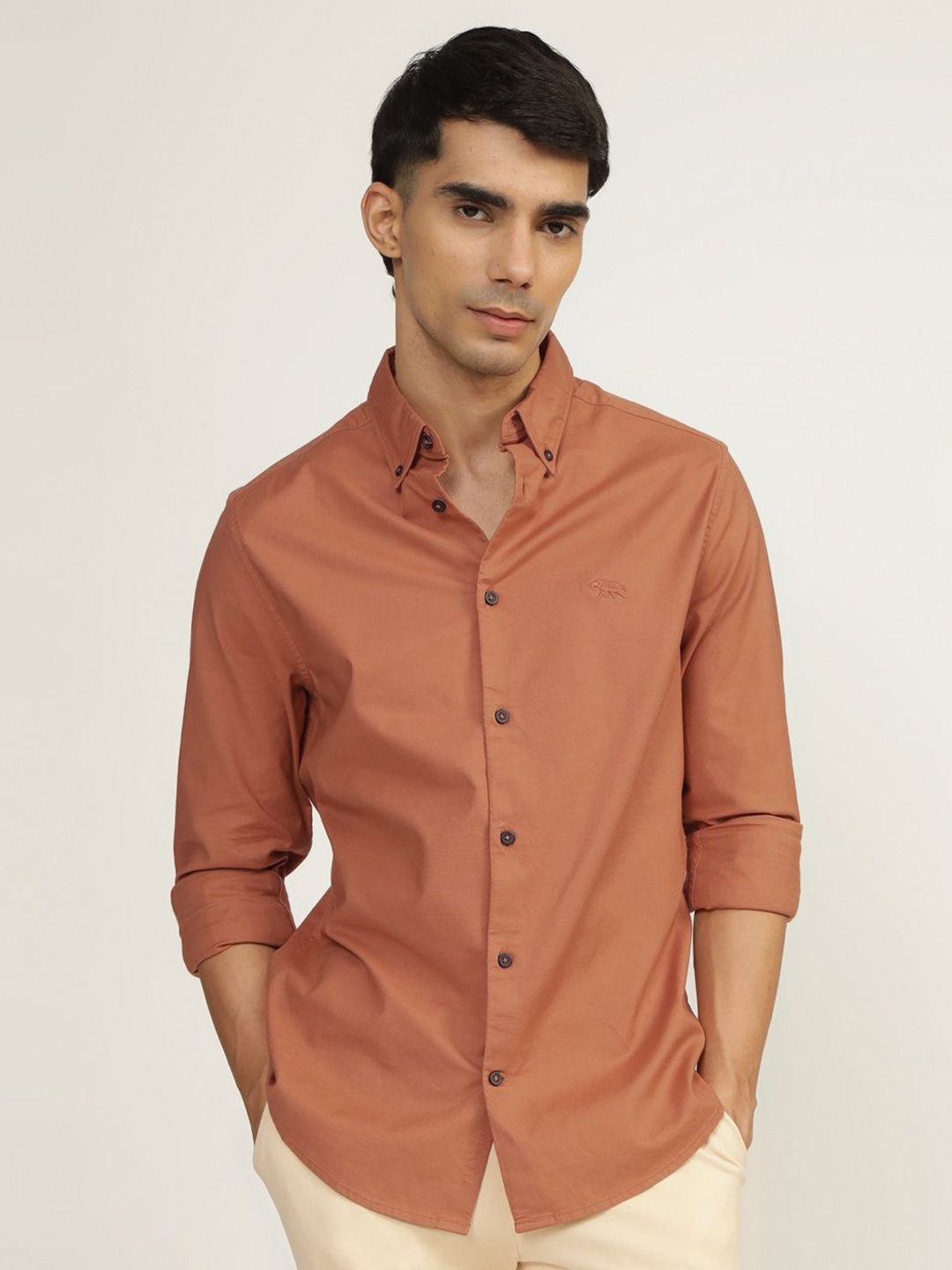 

Andamen Men Premium Button-Down Collar Solid Cotton Casual Shirt, Brown
