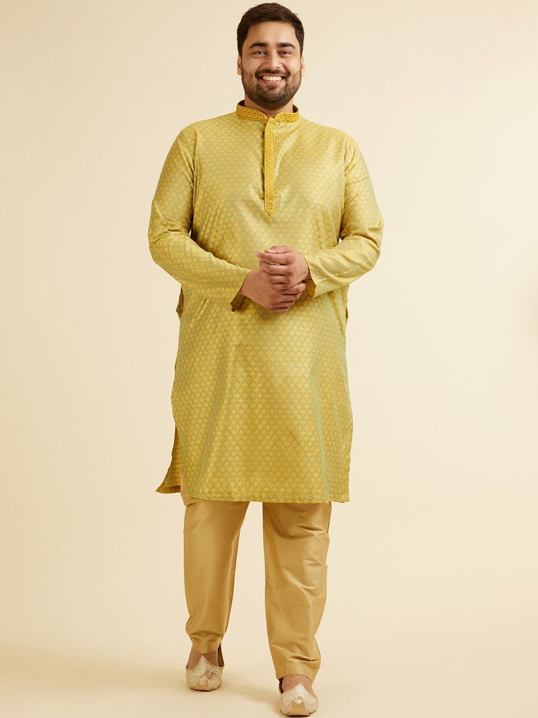 

Manyavar Plus Size Ethnic Motifs Woven Design Kurta with Pyjamas, Mustard