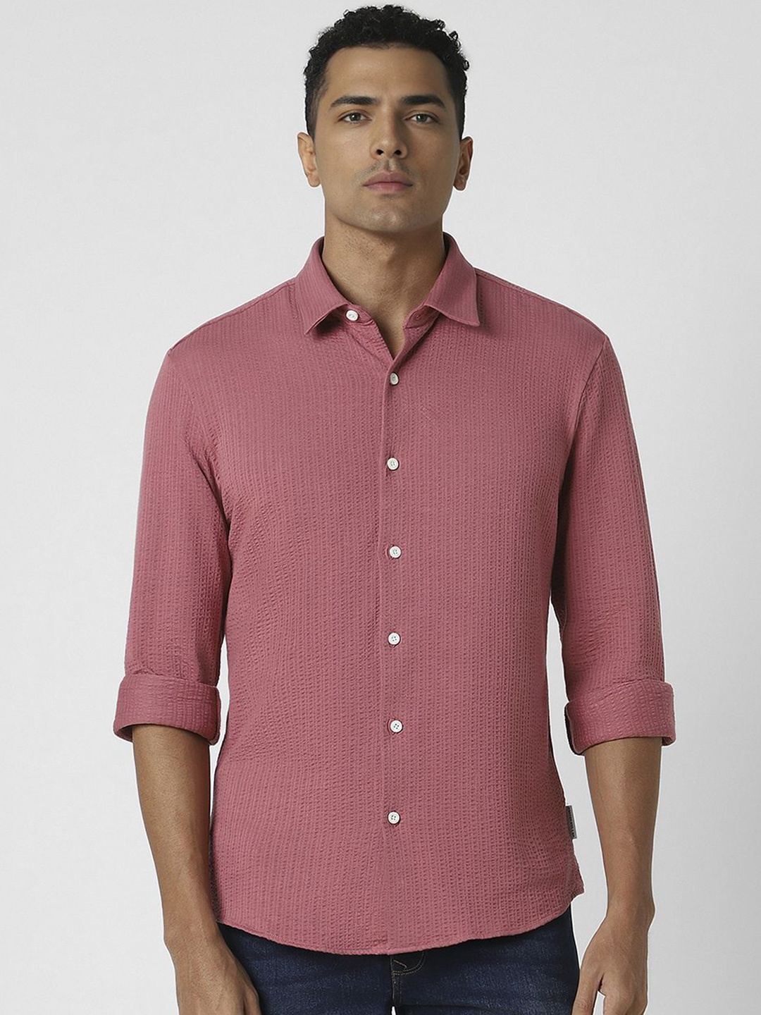 

V Dot Men Spread Collar Solid Cotton Slim Fit Party Shirt, Pink