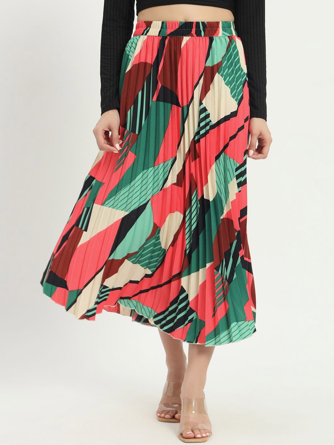 

OTABU Abstract Printed A-Line Flared Midi Skirt, Red