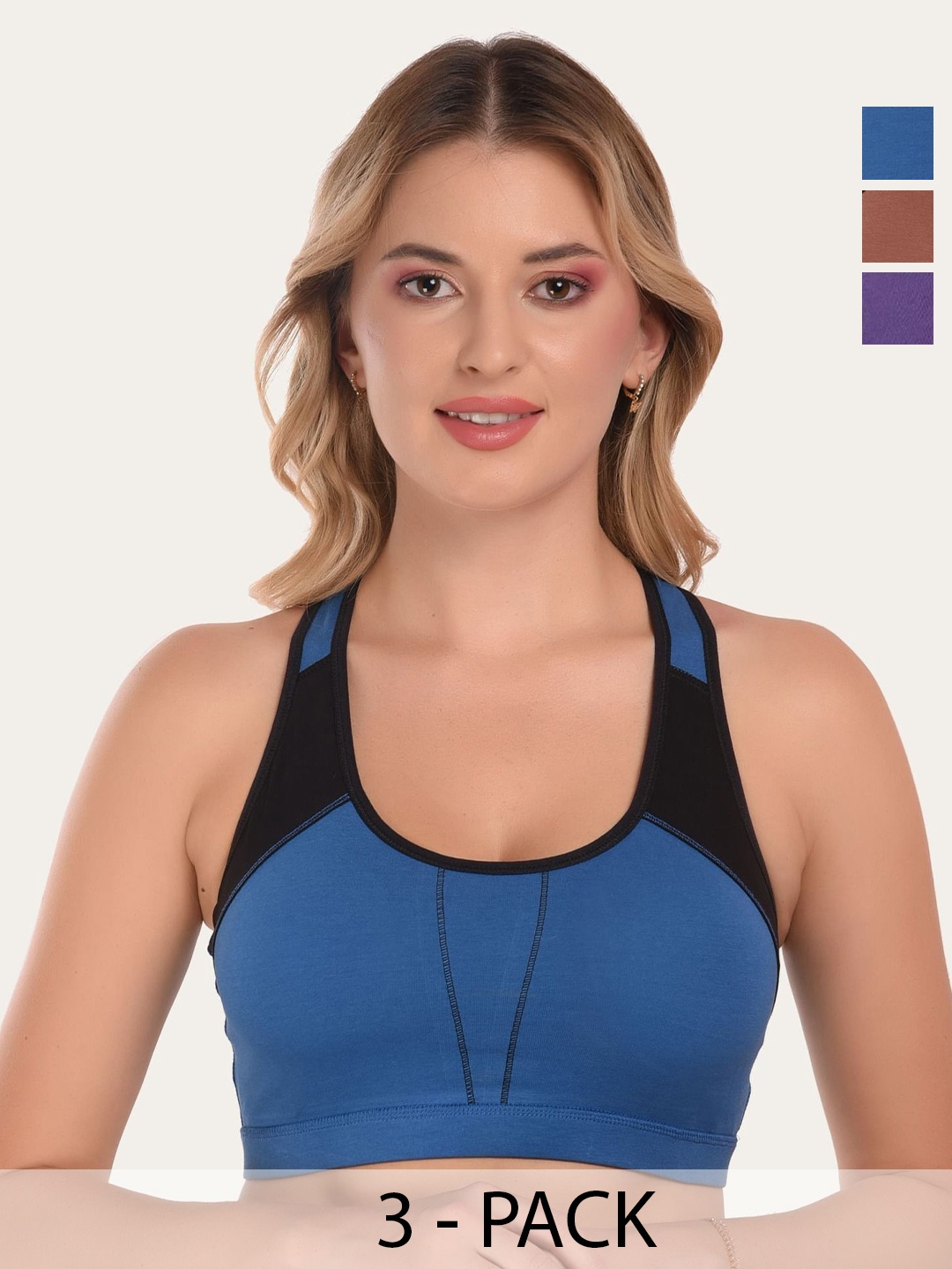 

DressBerry Bra Full Coverage Lightly Padded Pack of 3 Sports Bra, Blue