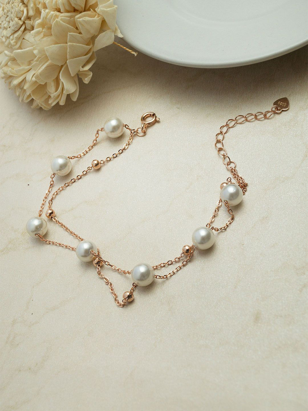 

MANNASH Sterling Silver Pearls Rose Gold-Plated Link Bracelet