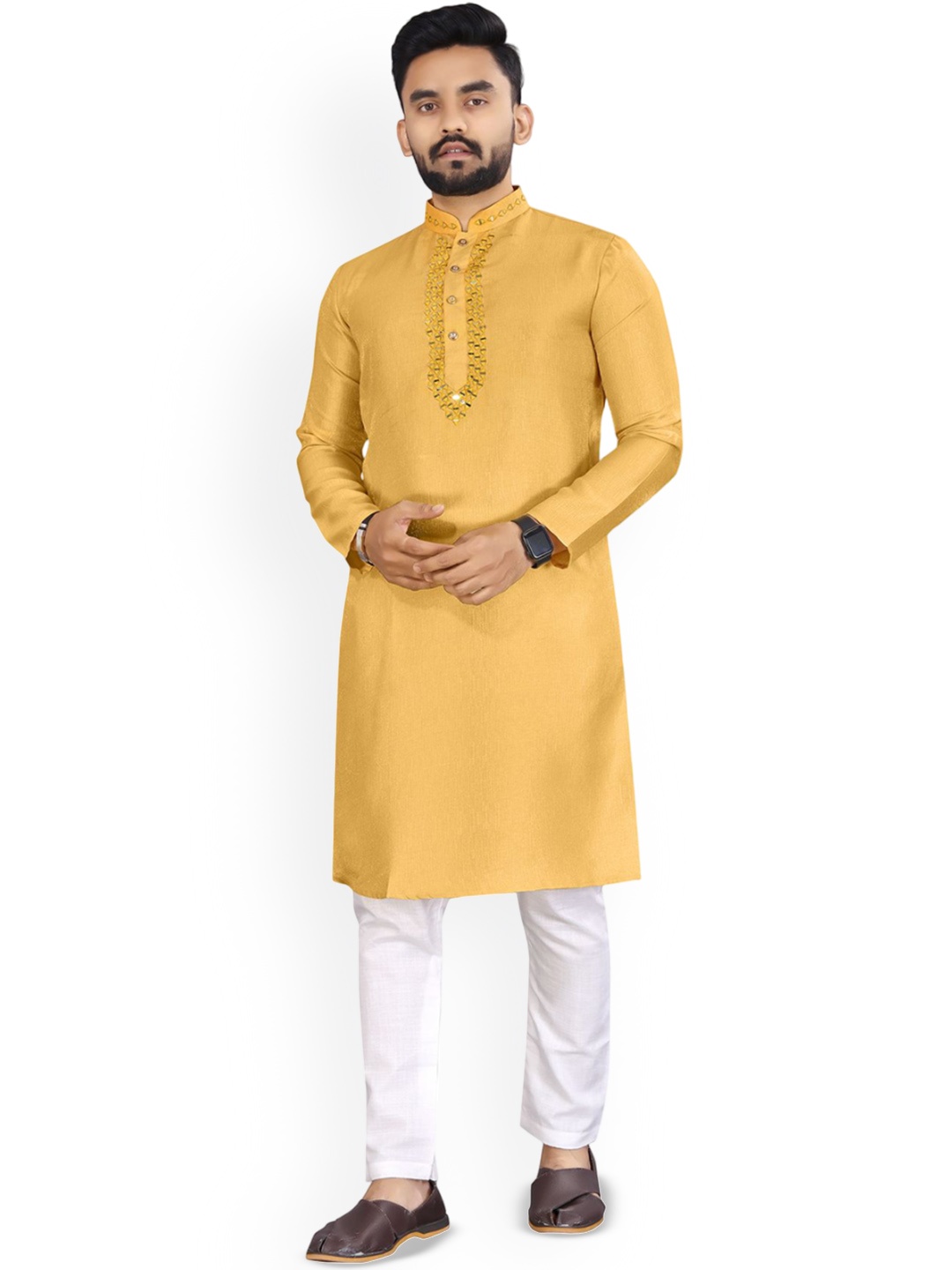 

CHARLOTTE GRACIOUS Mandarin Collar Mirror Work Straight Kurta, Yellow