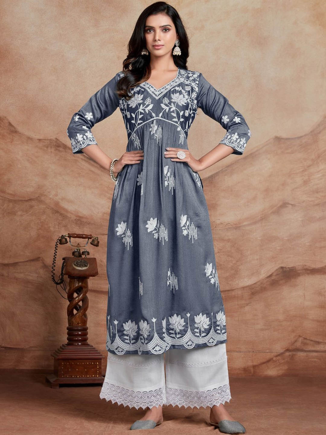 

KALINI Floral Embroidered V-Neck Chikankari A-Line Kurta, Grey