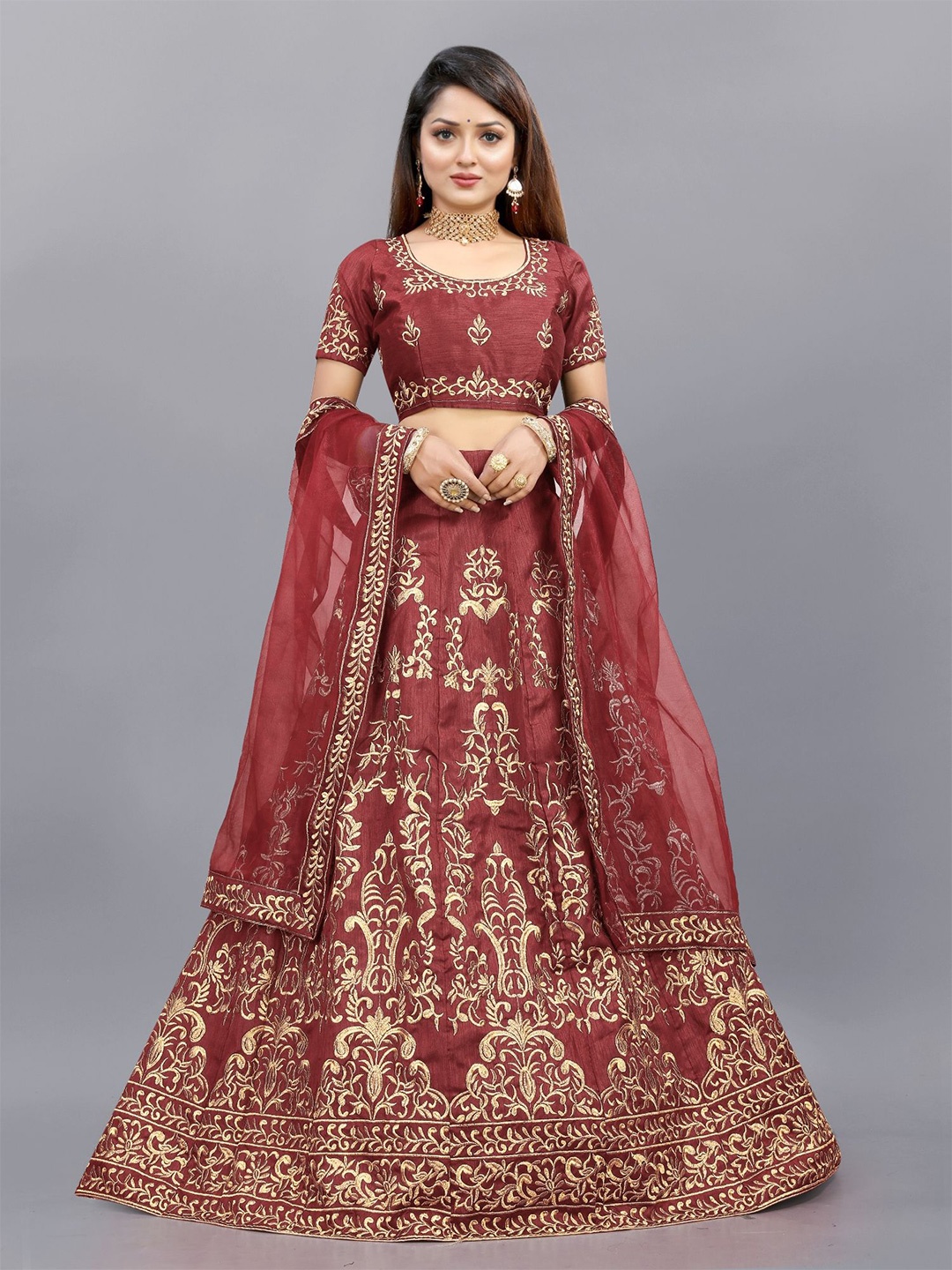 

Aika Embroidered Thread Work Semi-Stitched Lehenga & Unstitched Blouse With Dupatta, Maroon