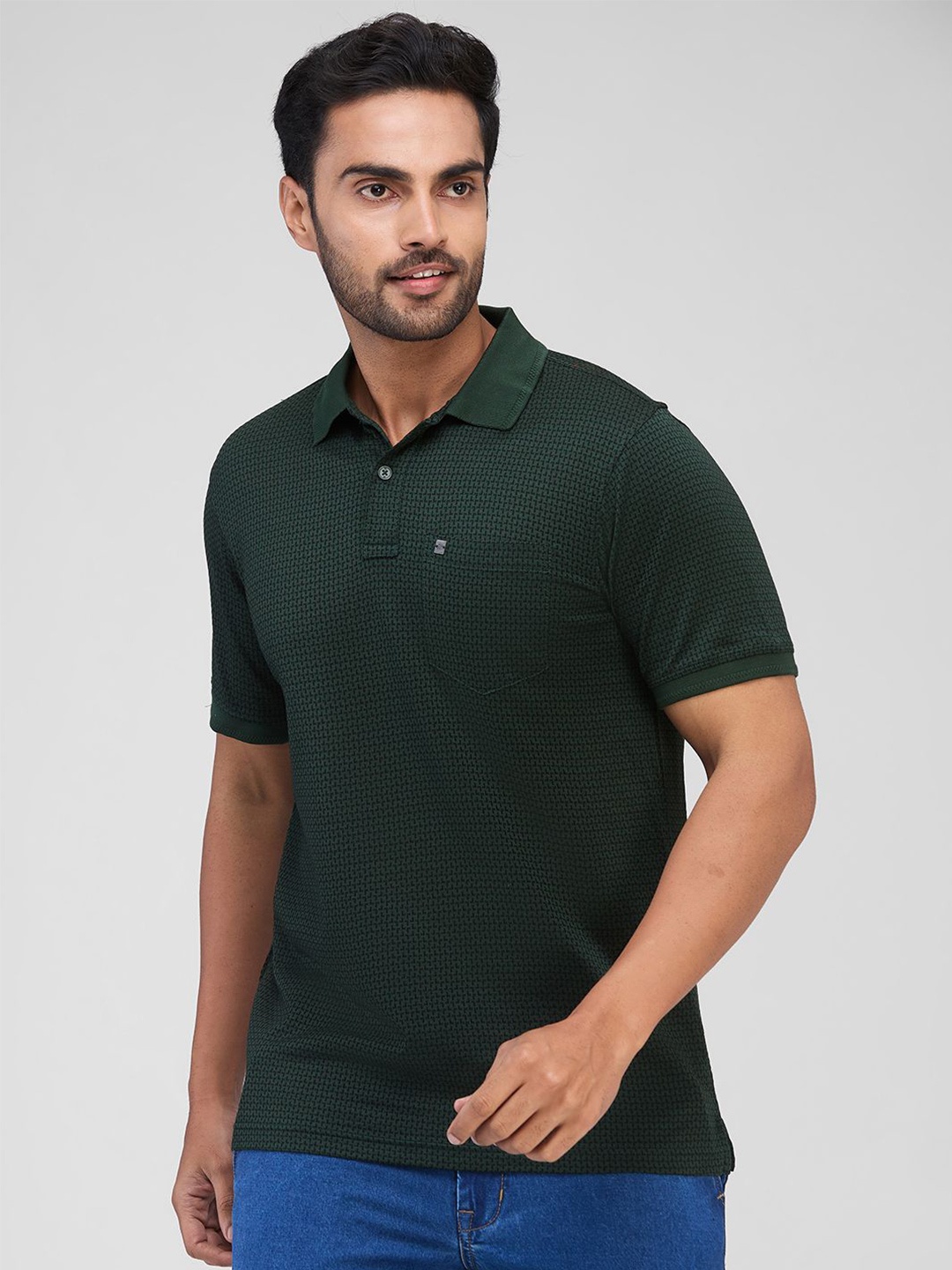 

Raymond Men Geometric Printed Polo Collar Cotton T-shirt, Green