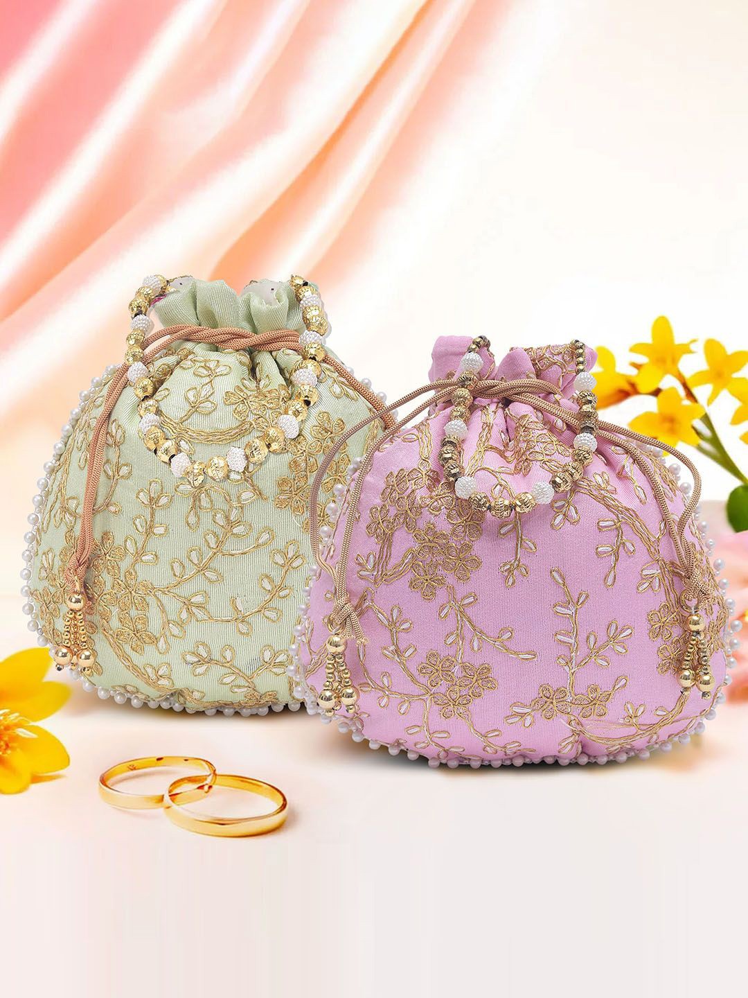 

Kuber Industries Set Of 2 Embroidered Potli Clutch, Pink