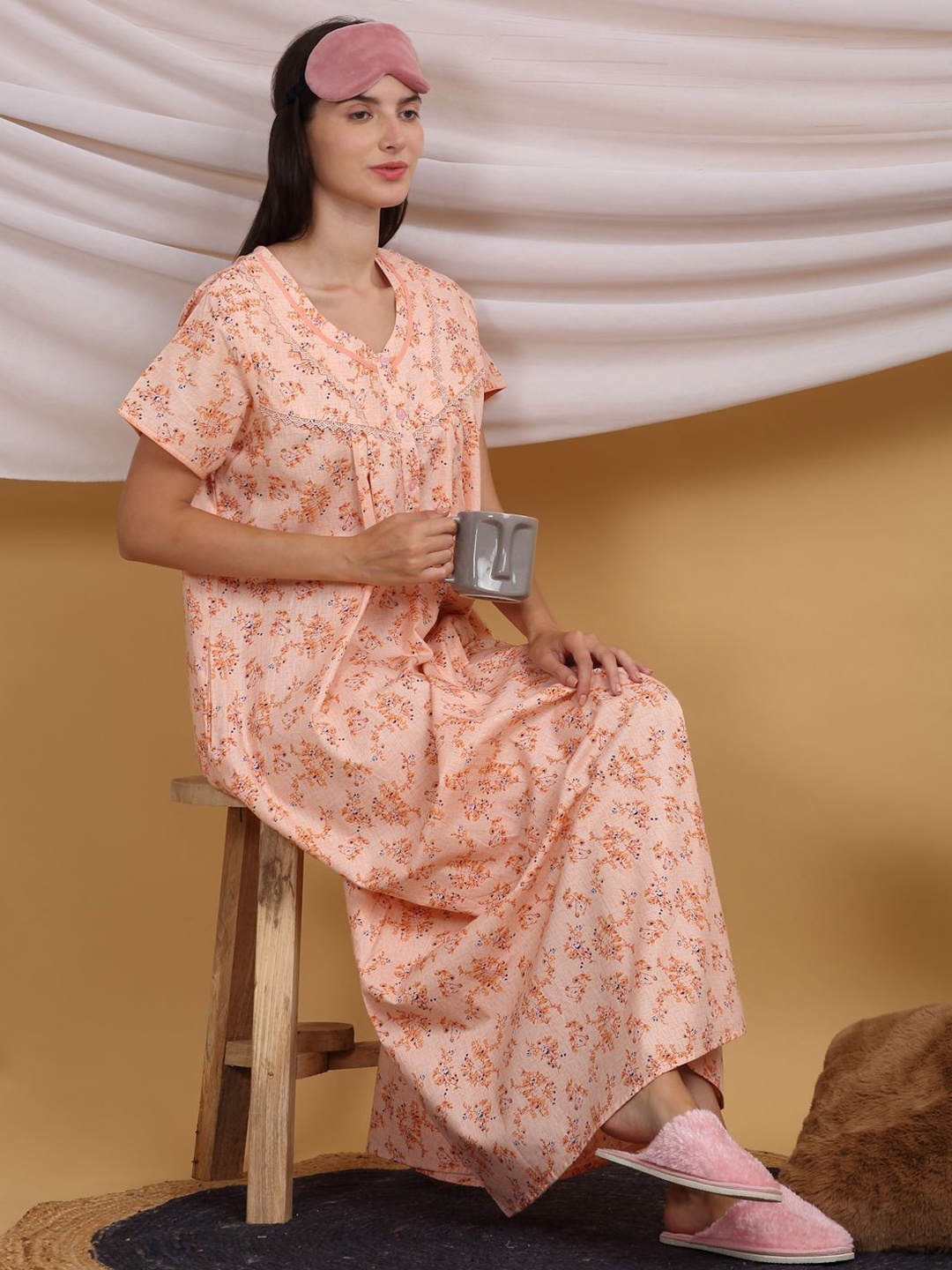 

Sweet Dreams Floral Printed Pure Cotton Maxi Nightdress, Peach