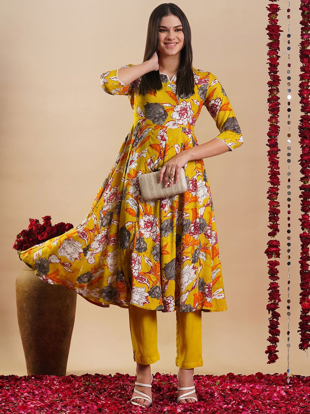 

KALINI Floral Printed Regular Anarkali Kurta with Trousers, Yellow