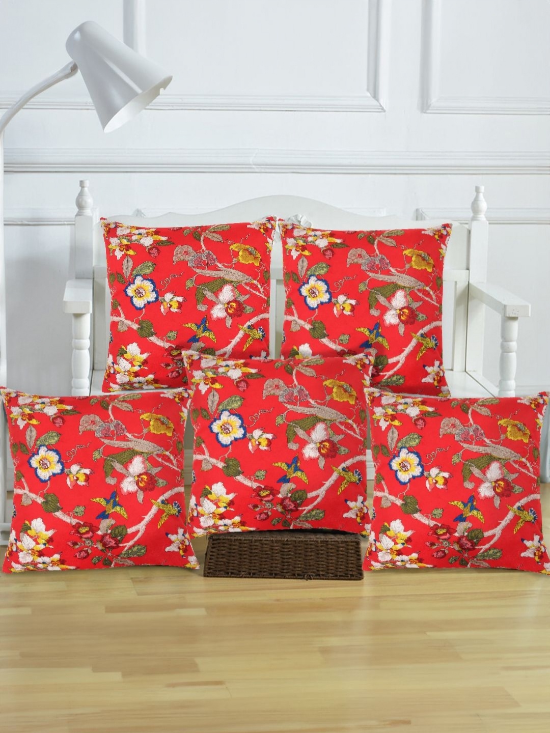 

Tesmare Red & Green 5 Pieces Floral Square Cushion Covers