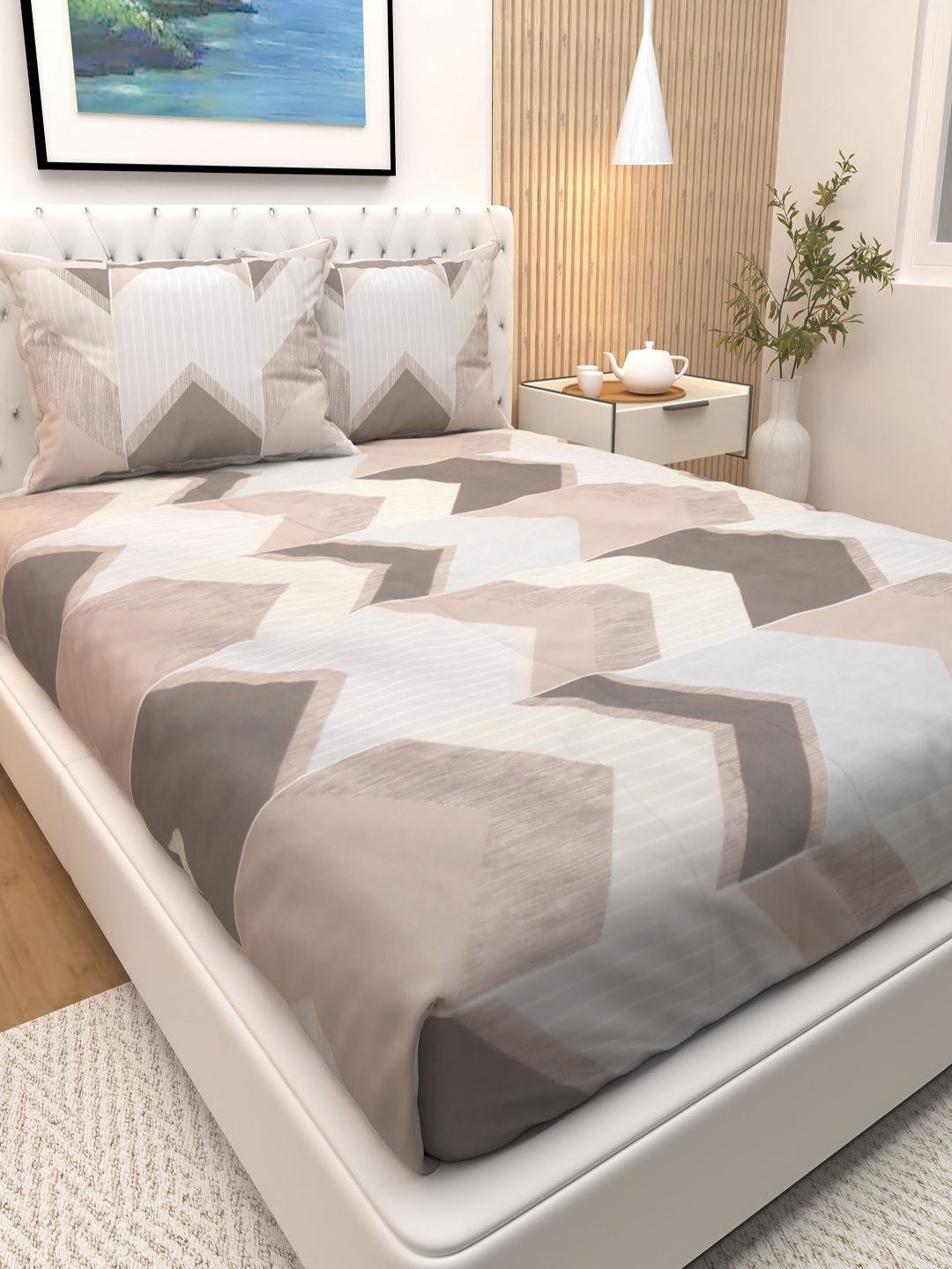 

Athom Living White & Brown Geometric Printed Cotton180 TC Queen Bedsheet & 2 Pillow Covers